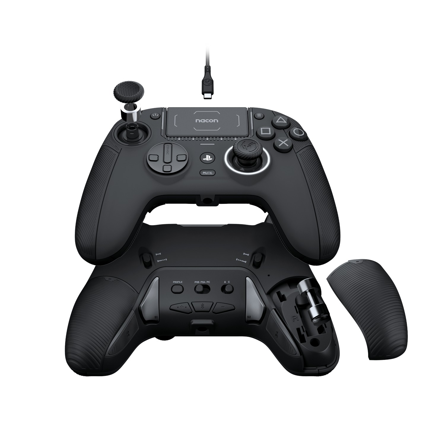 Black PS5 controller with additional components. The controllers are on a white background. There are two controllers.