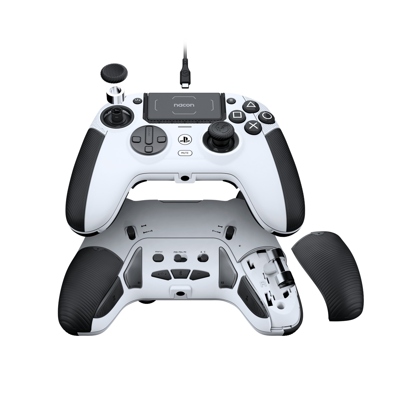 Wit en zwarte Nacon PS5 controller. Onderdelen op witte achtergrond.