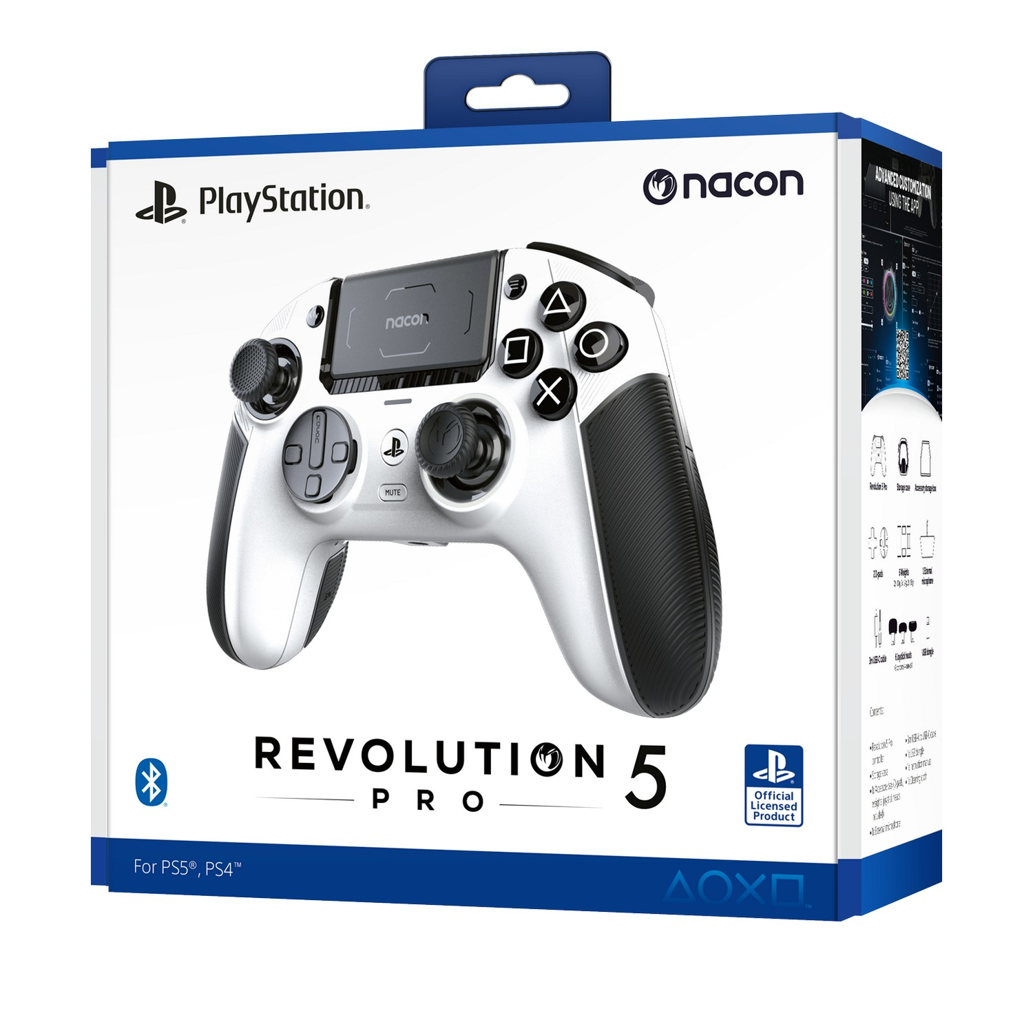 Wit en zwarte PlayStation-controller in doos. Knoppen, joysticks en een scherm.