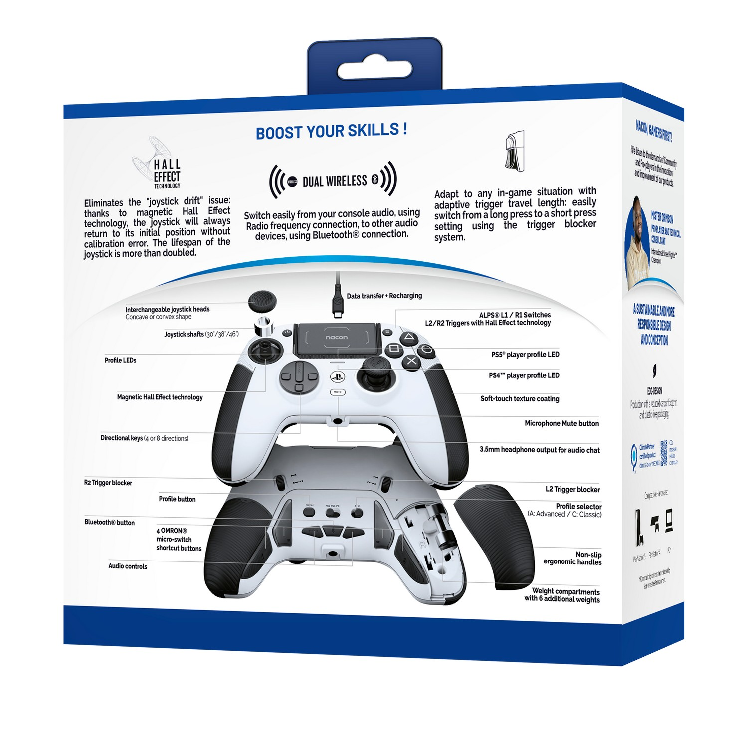 Een zwart-witte gamecontroller met meerdere knoppen en componenten. De controller staat op een doos.