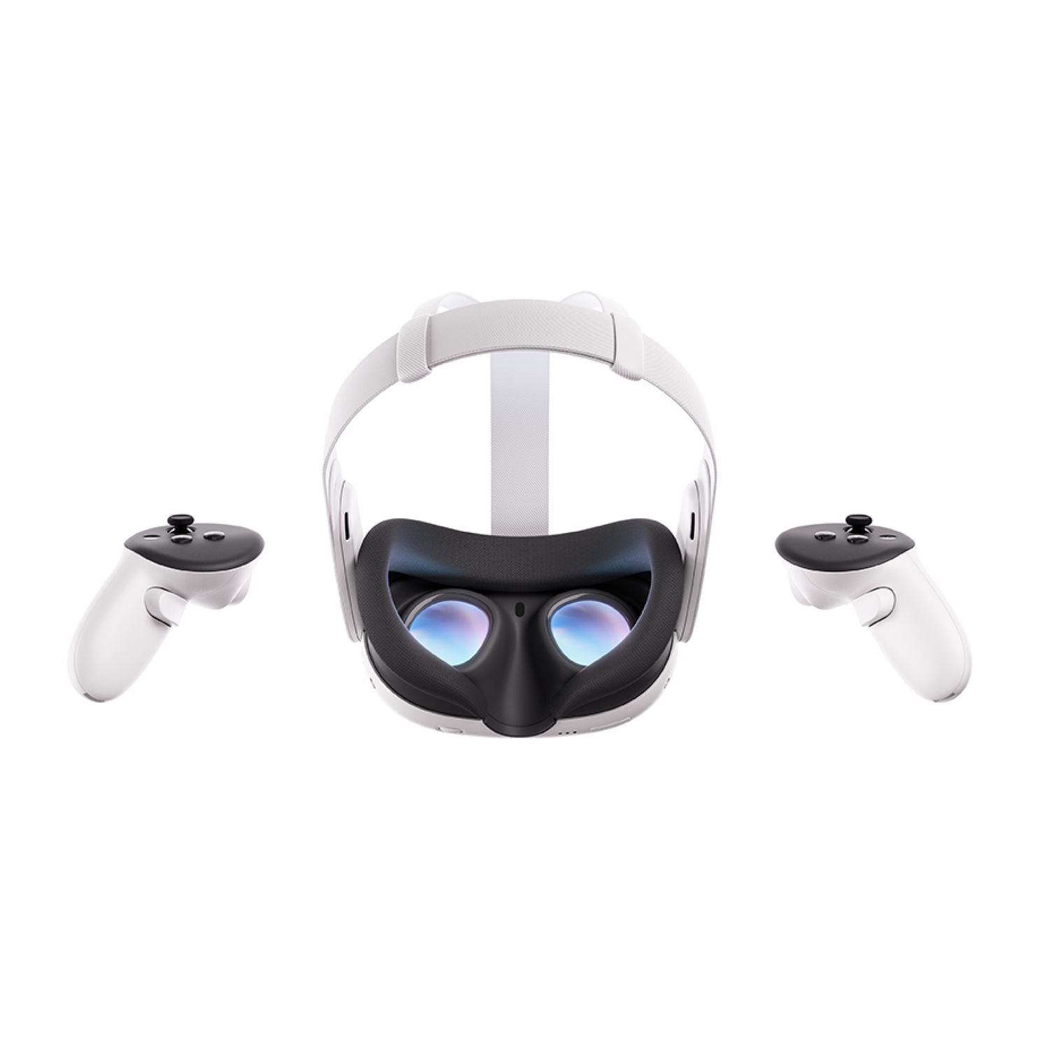 VR headset, controllers. White headset with face cover, two controllers, all on white background, angled.