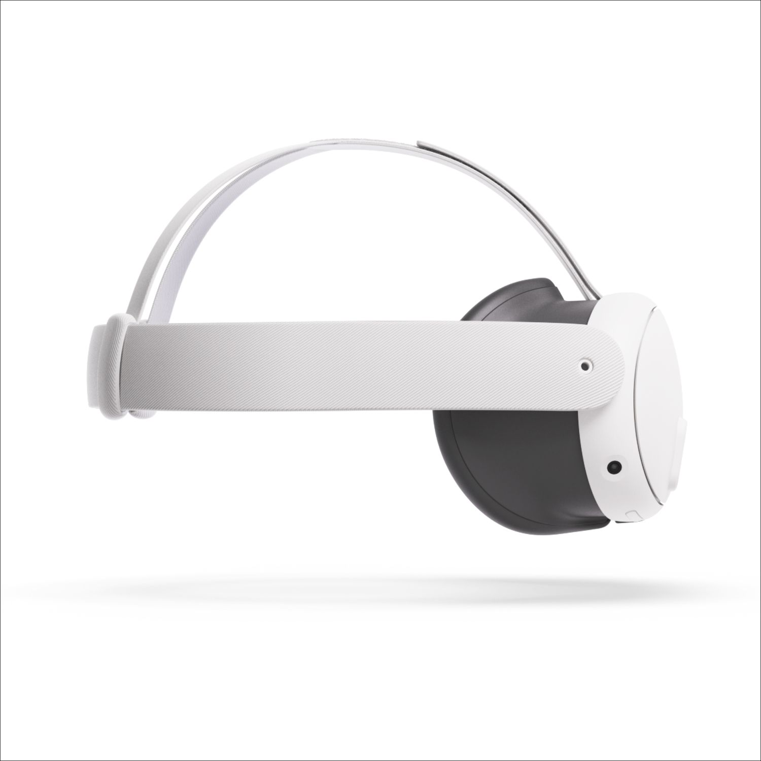 VR headset, white with black accents. Floating in air, side view.