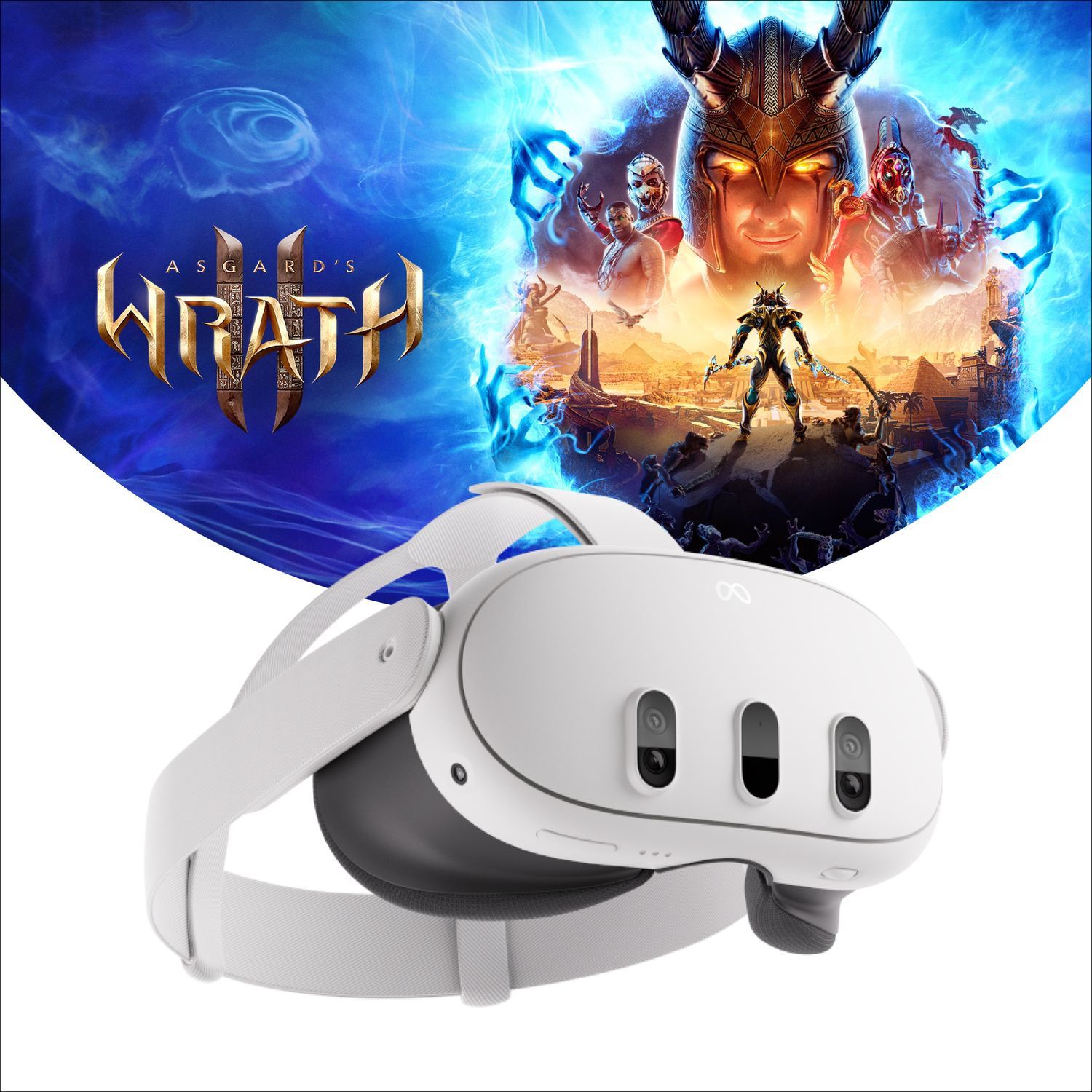 White VR headset, with a game poster in the background, featuring a warrior.