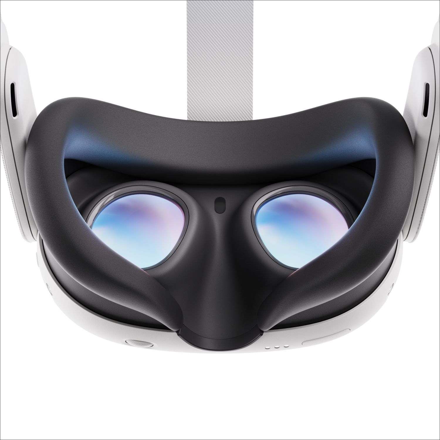 Close-up of a VR headset. It's white and black, with two lenses reflecting a colorful blue and purple.