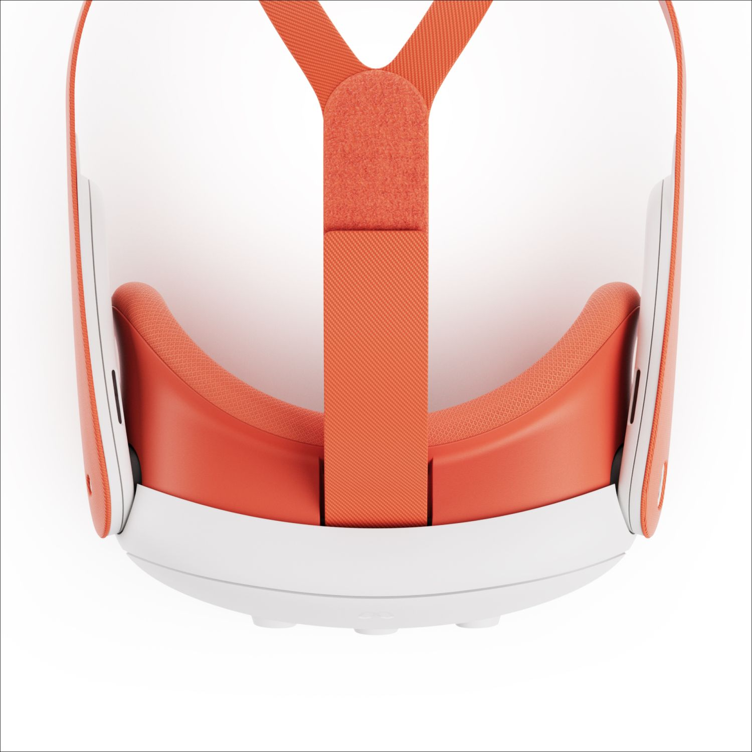 An orange and white VR headset against a white background. The headset's straps and padding are orange, the front white.