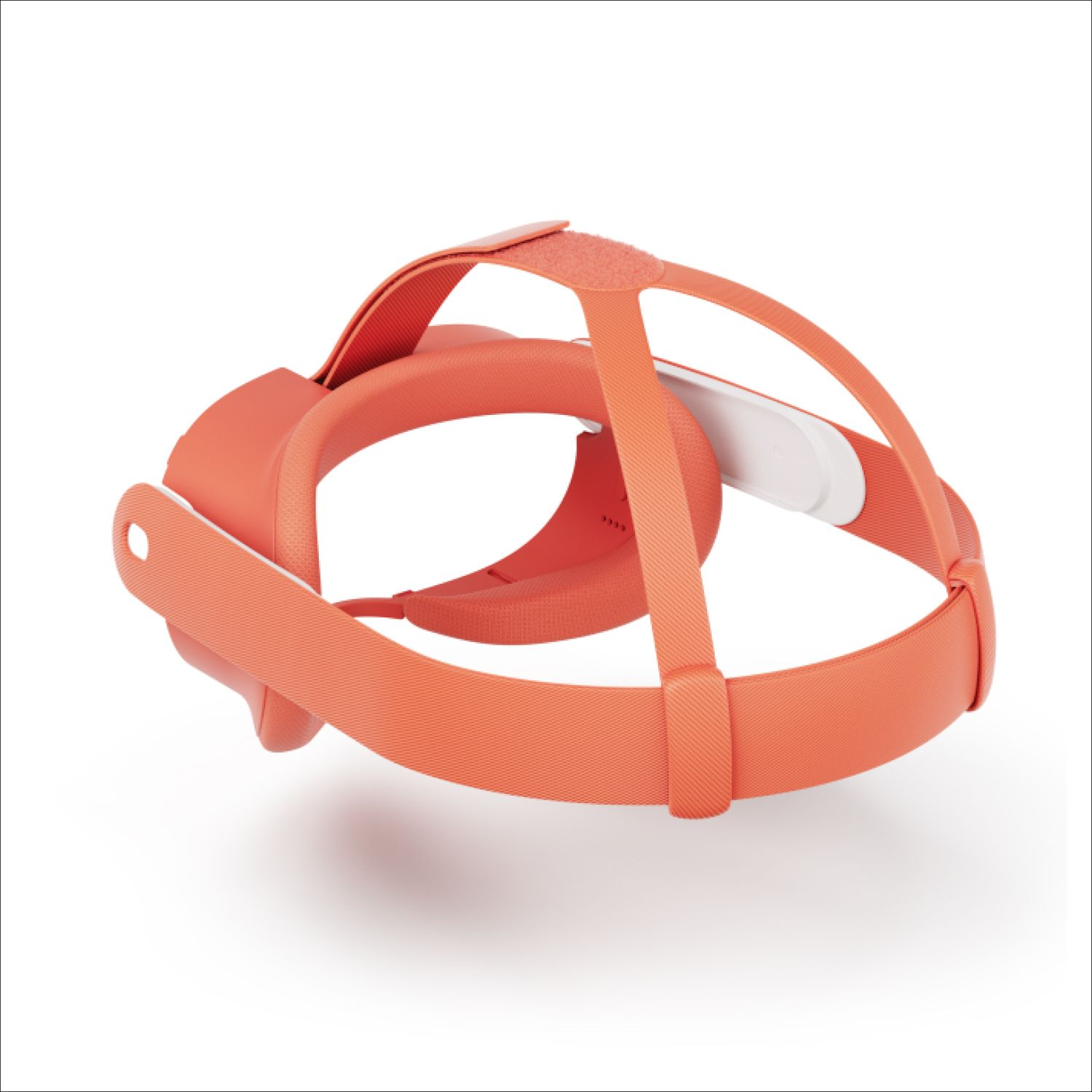 An orange VR headset is displayed on a white background. It has a head strap, a face cover, and a halo-like structure.