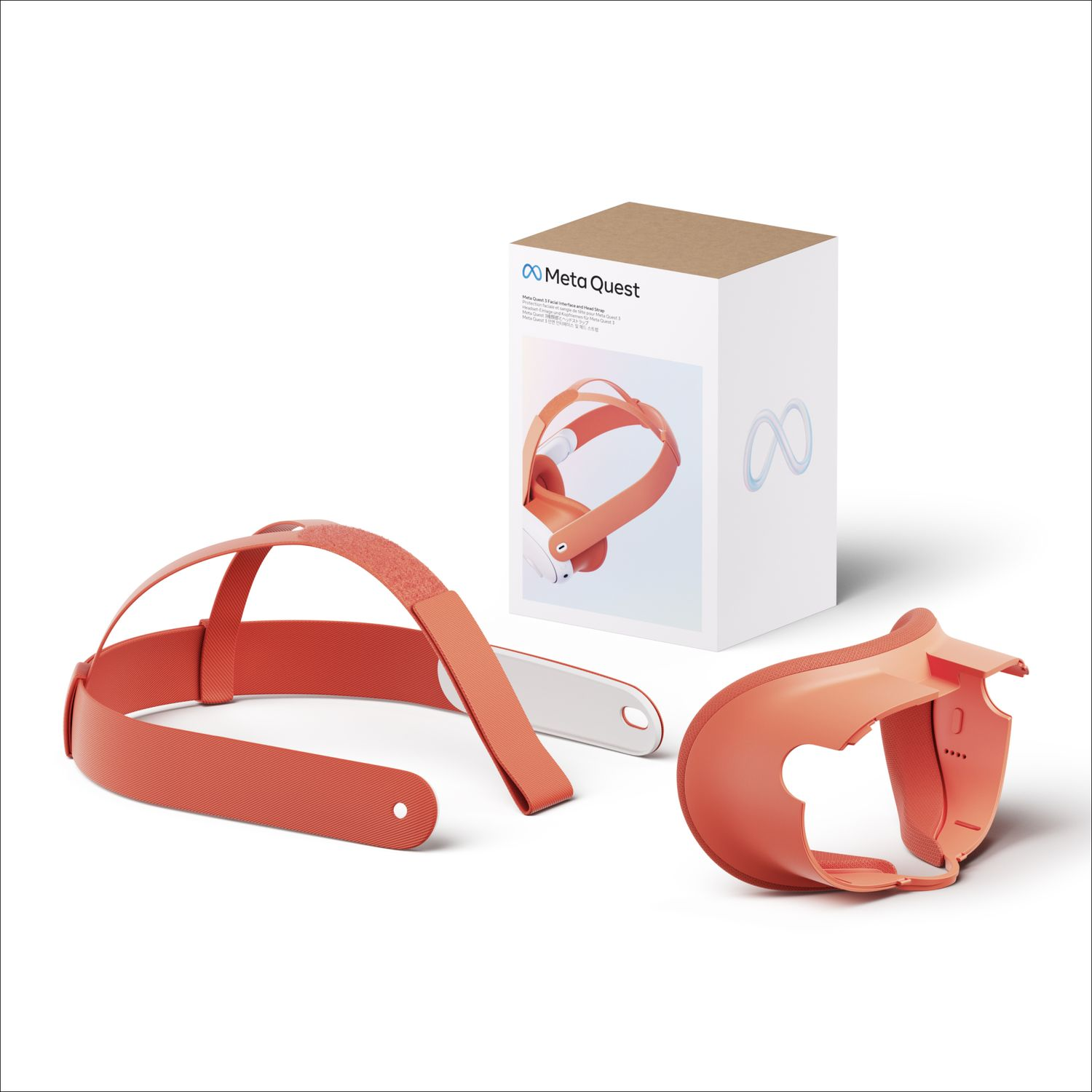 Meta Quest 3 facial interface and head strap components. An orange head strap and facial interface are displayed with box.