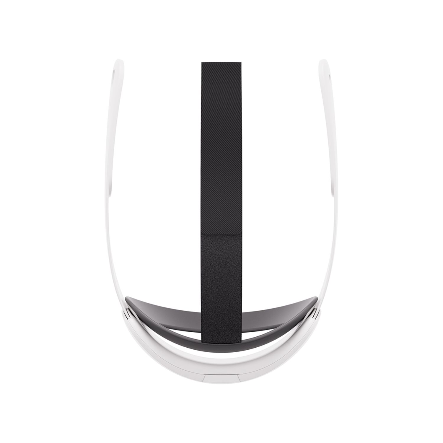 White VR headset with black strap and grey interior. Top view.