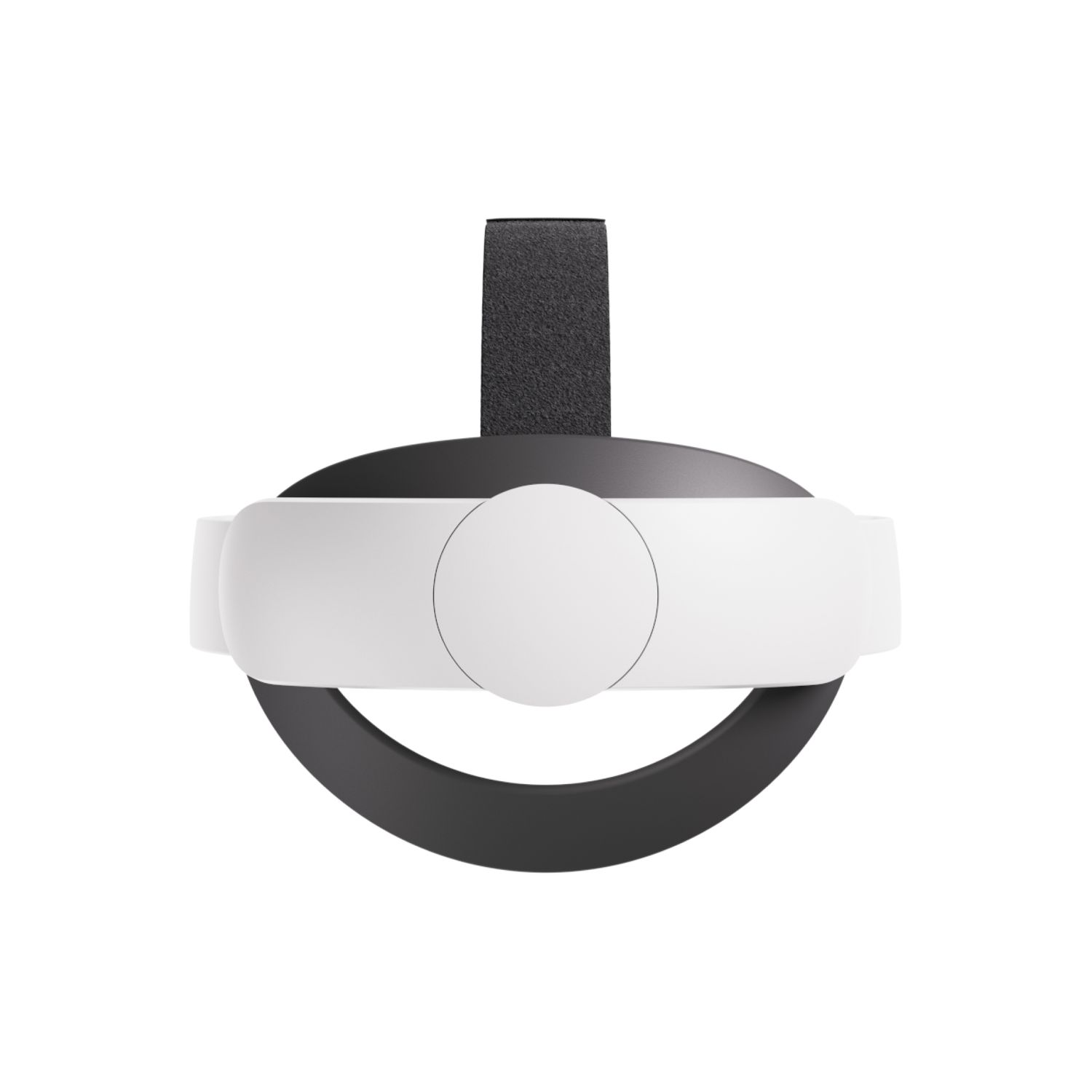 VR headset, white and black design, with a strap and a circular detail on the front.