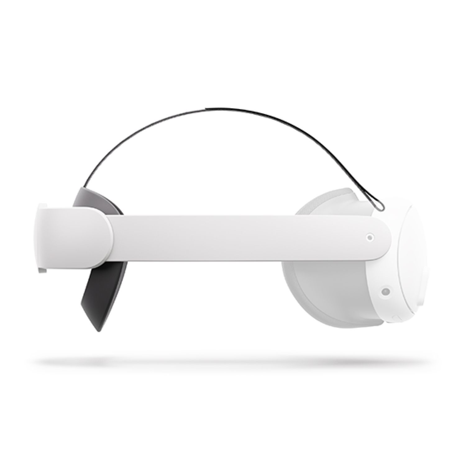 A white VR headset with a black strap and visor. It is seen from the side, against a white backdrop.