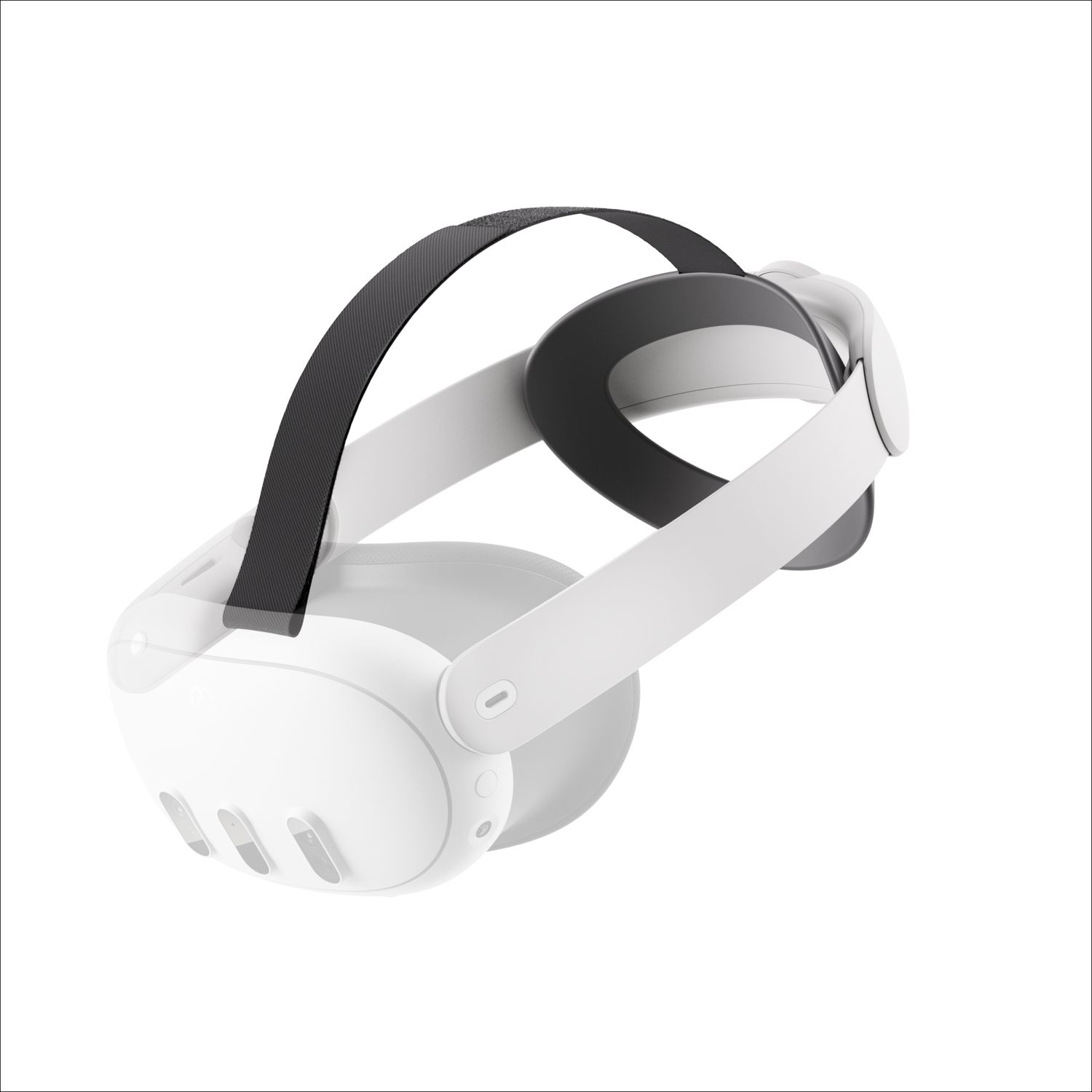 VR headset, side view, white and black, with the head strap.