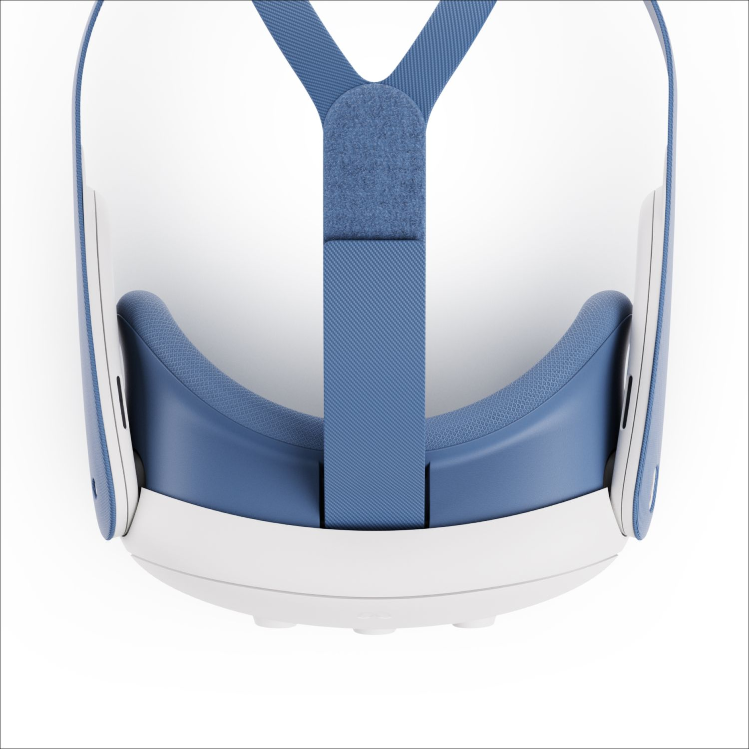 VR headset, blue and white design. Top down view, showing the head strap and faceplate.