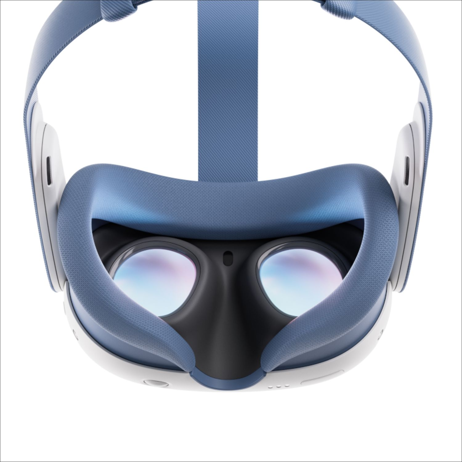 VR headset with blue head strap and interior, white exterior, close-up shot on a white background.