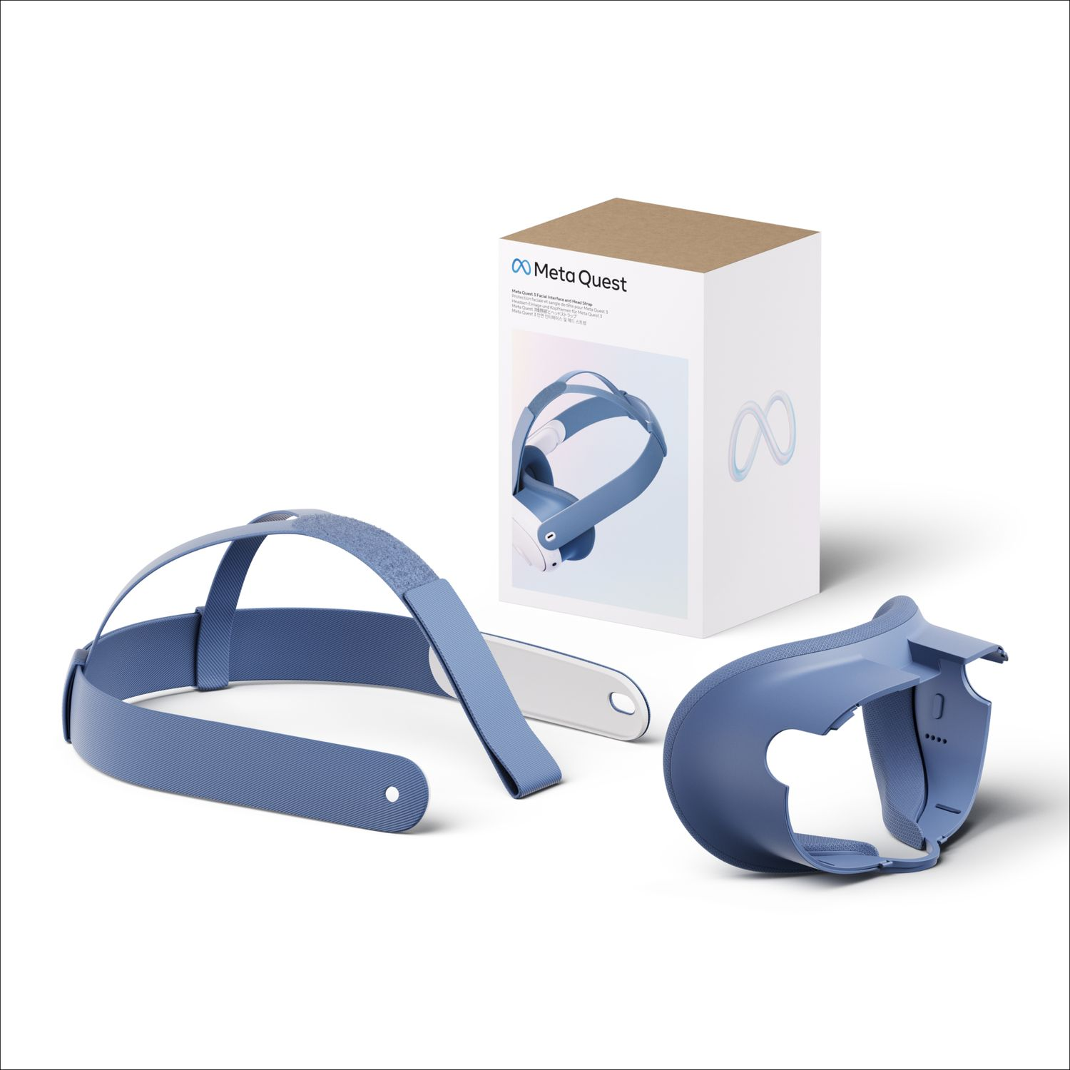 VR headset with a box and components, blue and white, showing the Meta Quest brand.