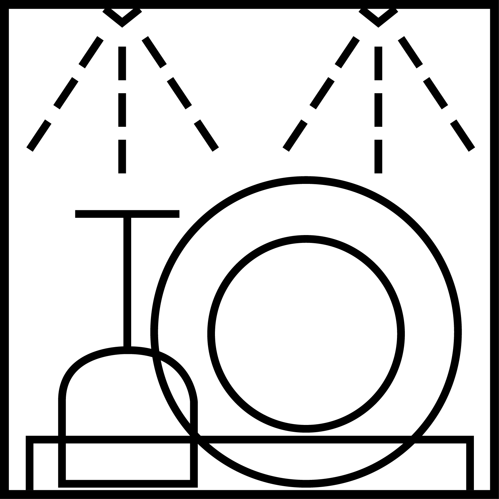 Strichzeichnung einer Platte, eines Weinglases und einer Sprinkleranlage in einem schwarzen Quadrat.