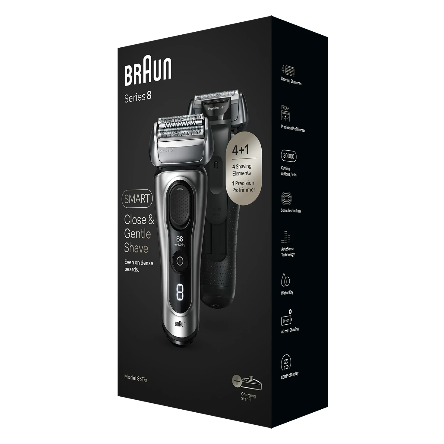 Braun Series 8 elektrikli tıraş makinesi kutuda, siyah ve gümüş, kutu özellikleri.