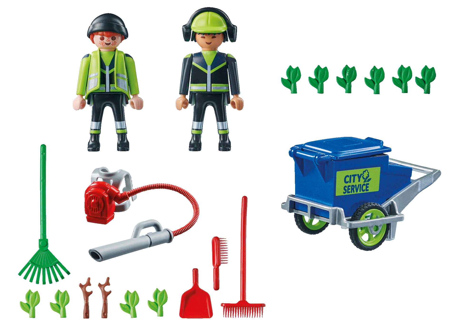 Spielfiguren mit Werkzeugen. Zwei Figuren, ein Wagen, Rechen, Besen und andere Werkzeuge.
