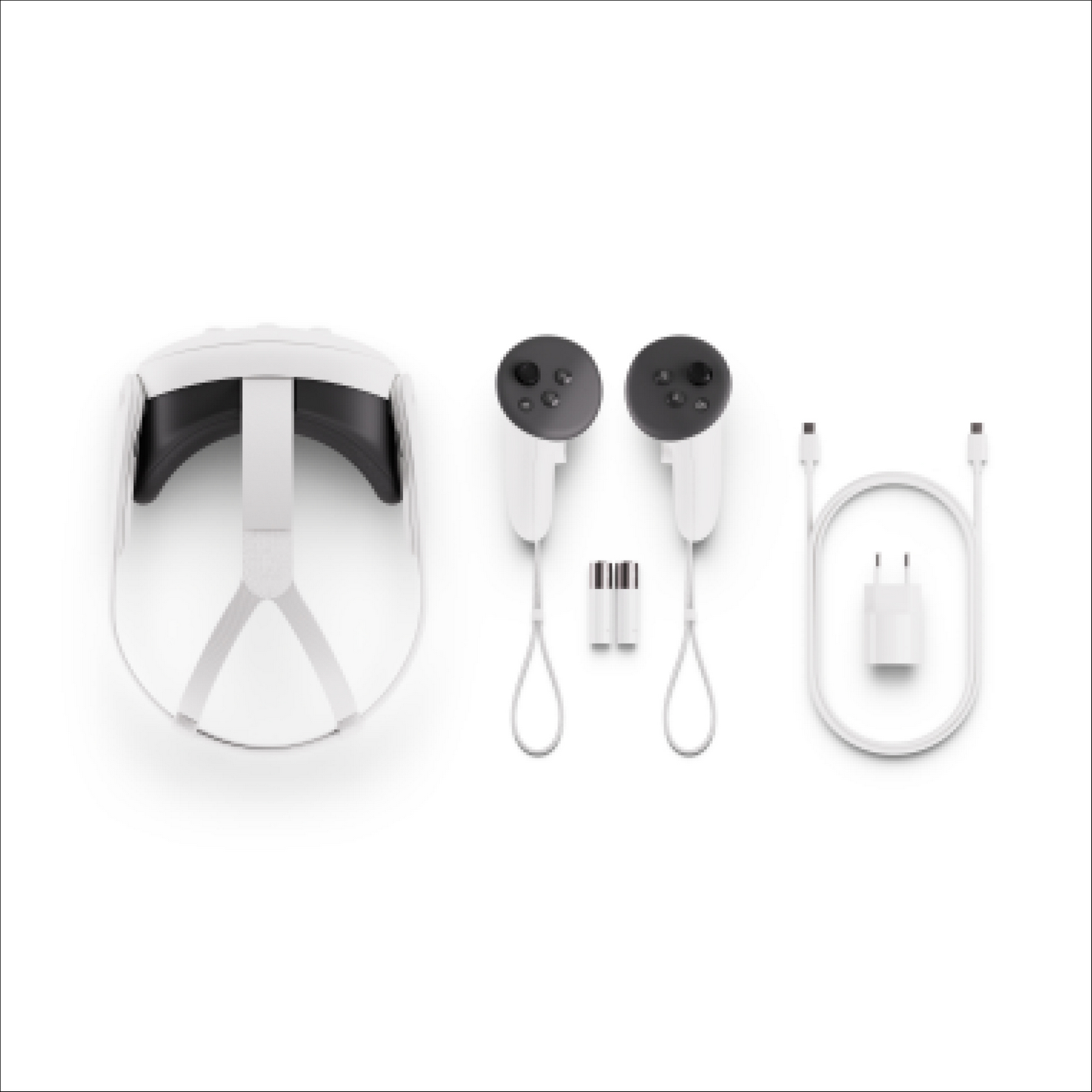 Auriculares VR con controladores blancos, pilas, cargador y cable sobre fondo blanco.