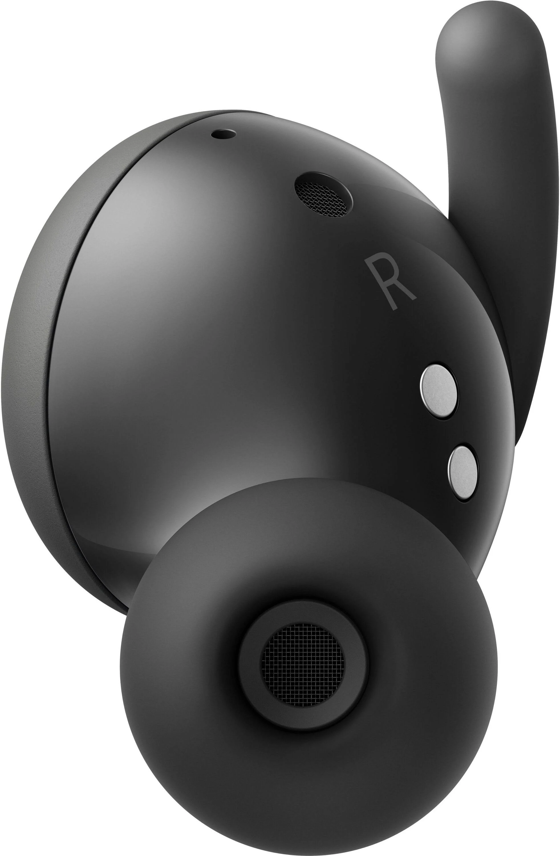 Auricular negro con la letra 'R' y una pequeña rejilla de ventilación, vista de cerca.