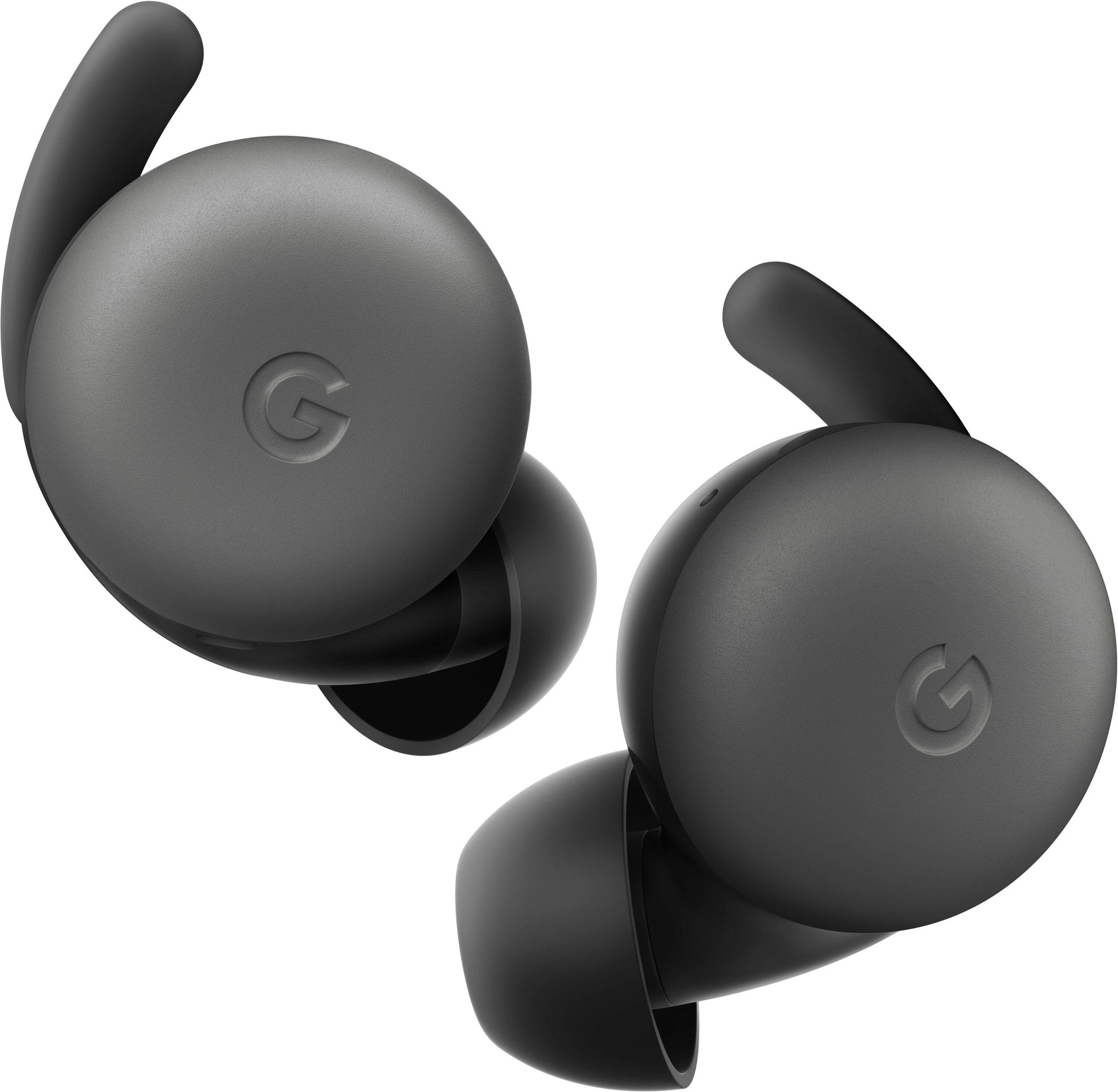 Par de auriculares Google Pixel Buds gris oscuro, primer plano. Diseño circular con logo 'G'.