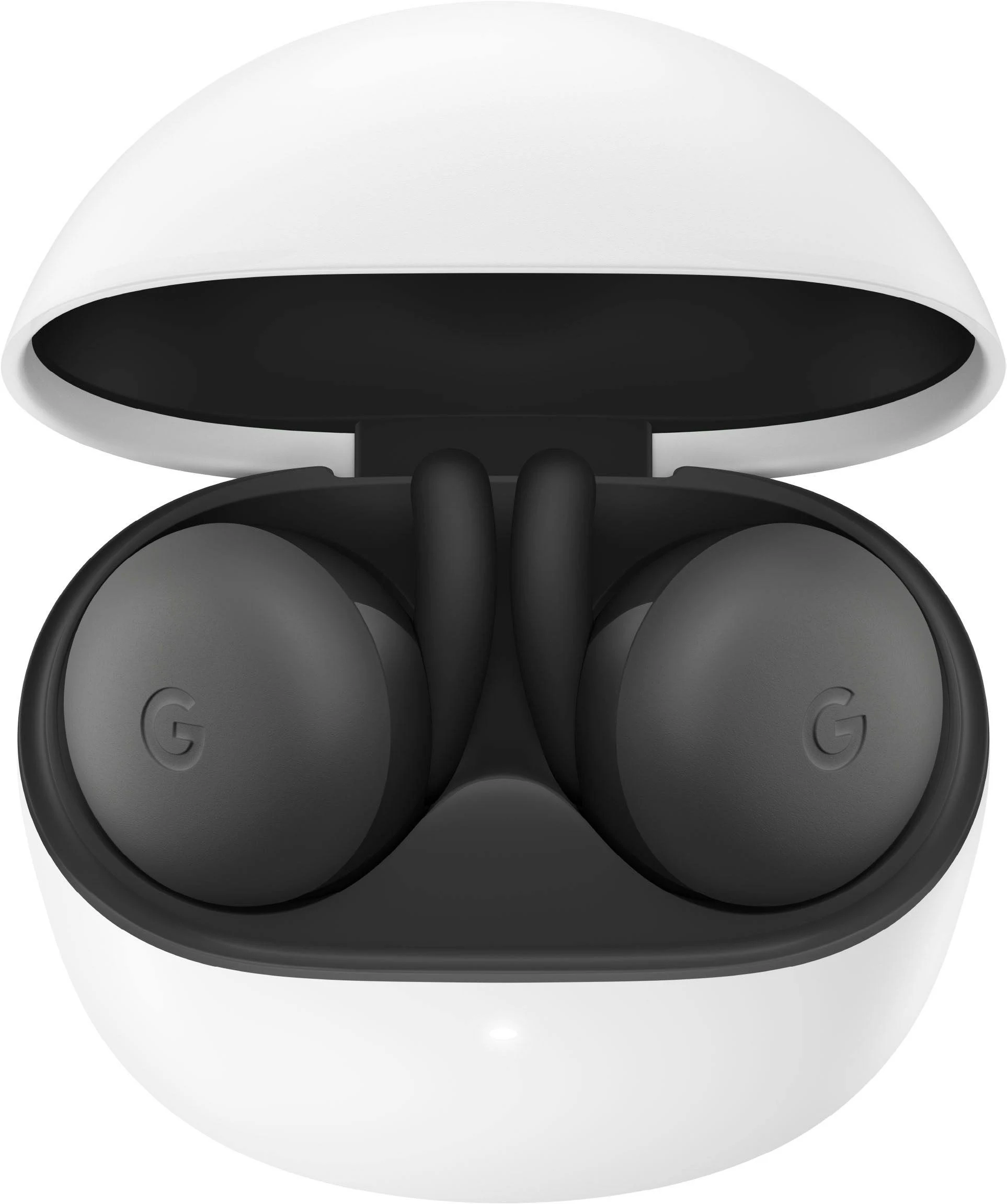 Estuche de carga de auriculares blanco, abierto. Dos auriculares grises oscuros dentro.