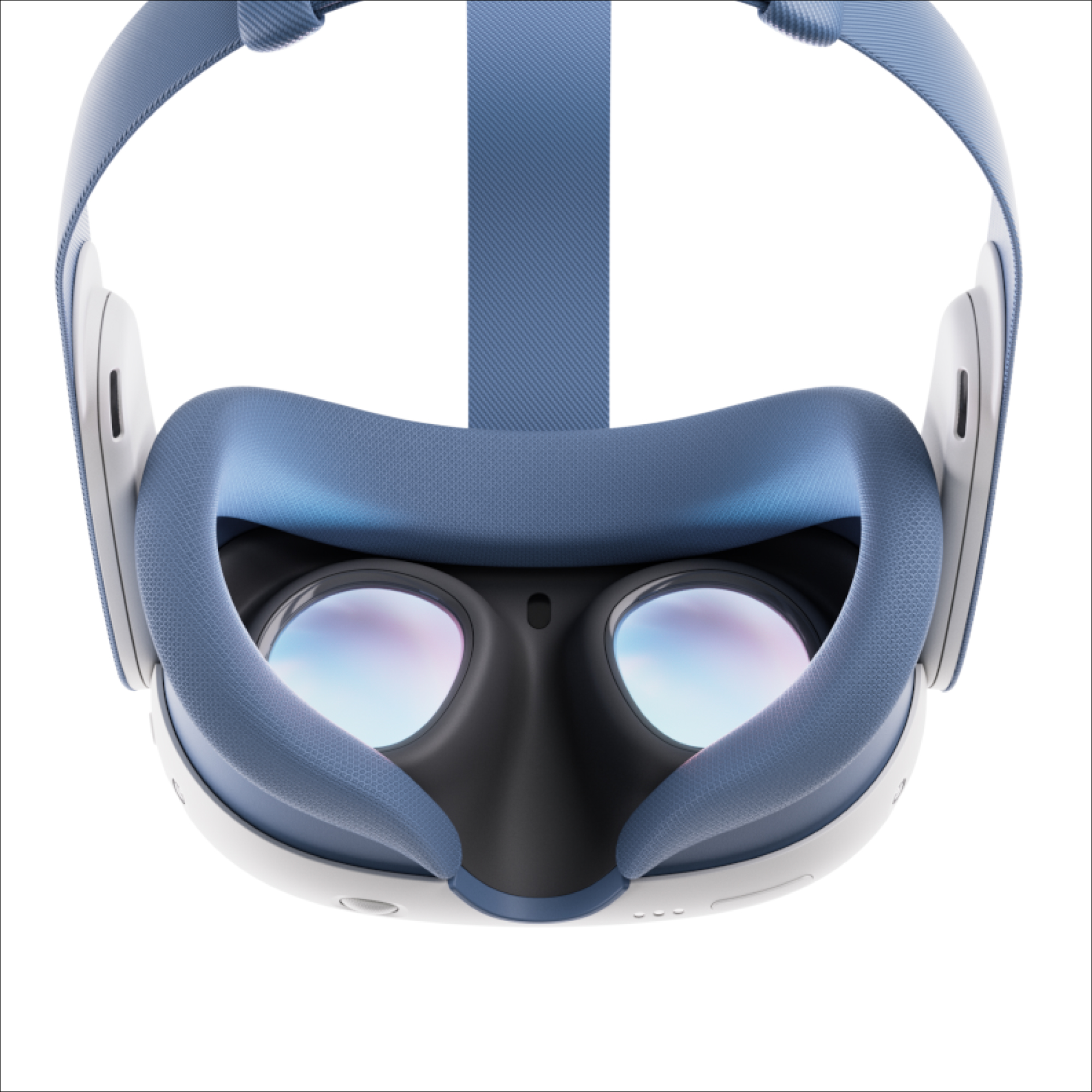 Auriculares VR, primer plano, azul y blanco, con lentes. Fondo blanco, vista frontal.