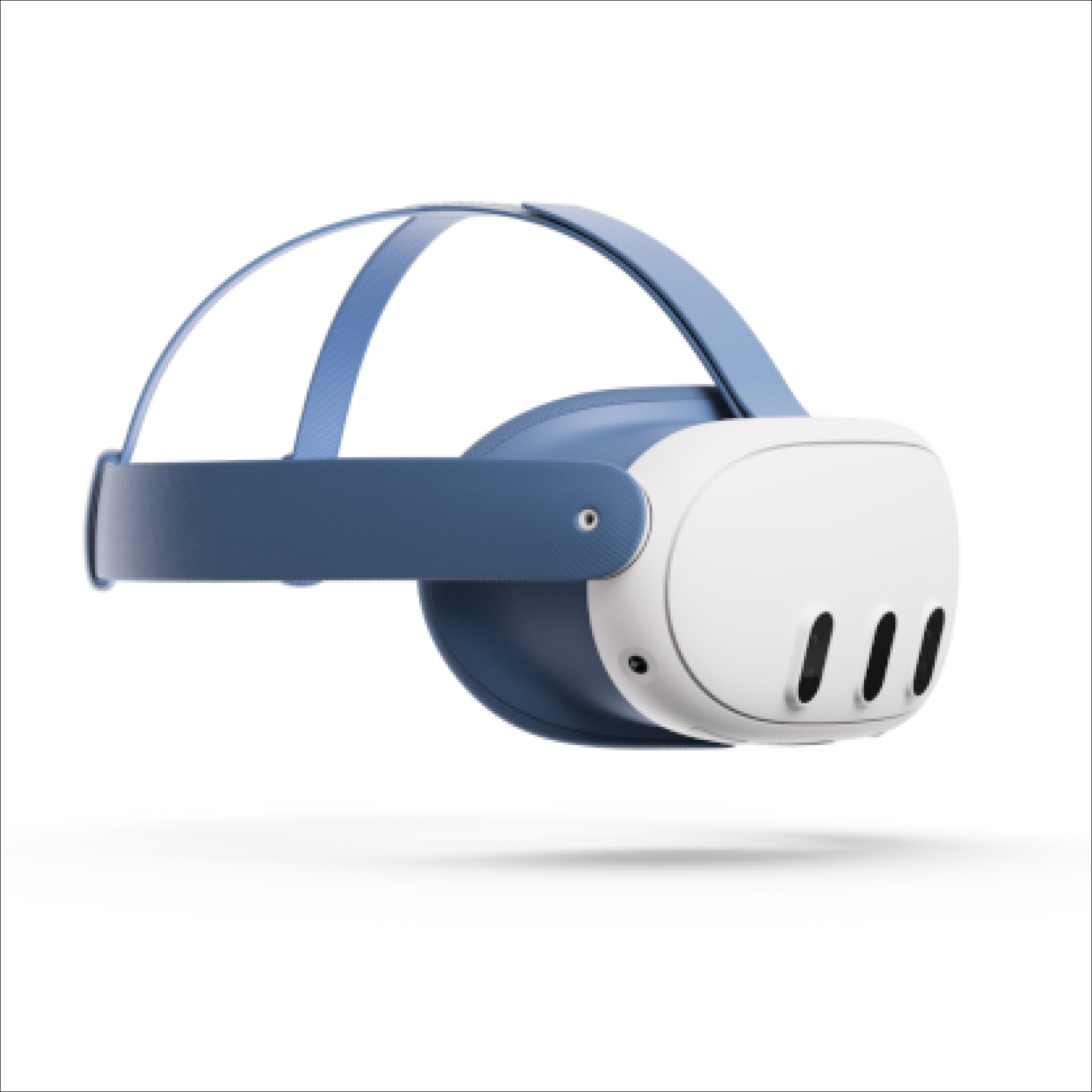 Auriculares VR blancos y azules, flotando sobre un fondo blanco. Tres ventilaciones en la parte delantera.