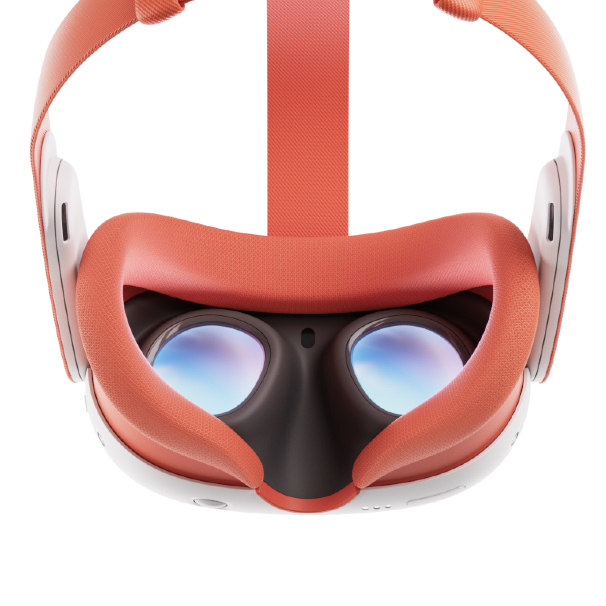 Primer plano de un casco de realidad virtual en naranja y blanco. Lente y cojín facial visibles.