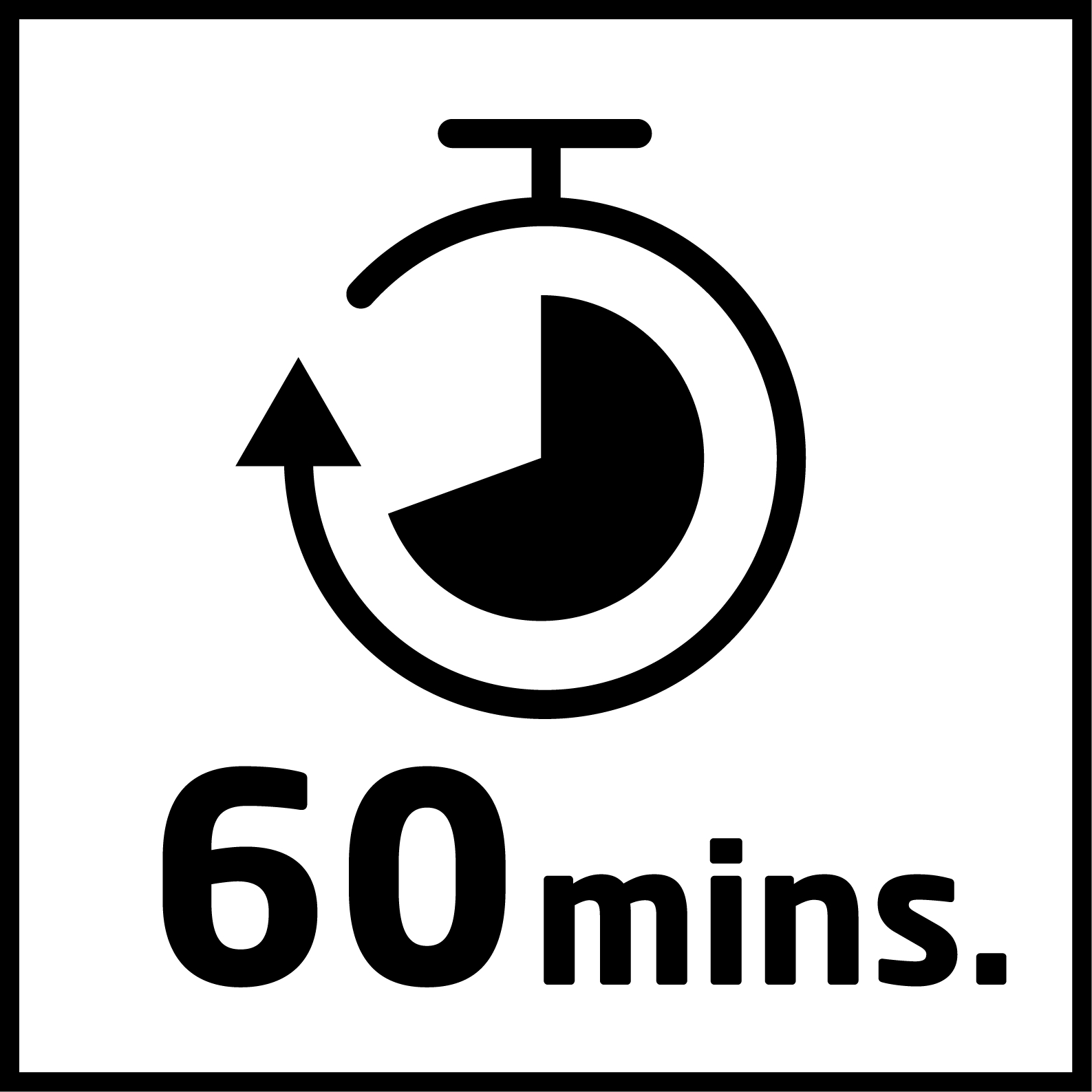 Schwarz-weiß-Symbol mit Stoppuhr und Text '60 Min.' in einem quadratischen Rahmen.