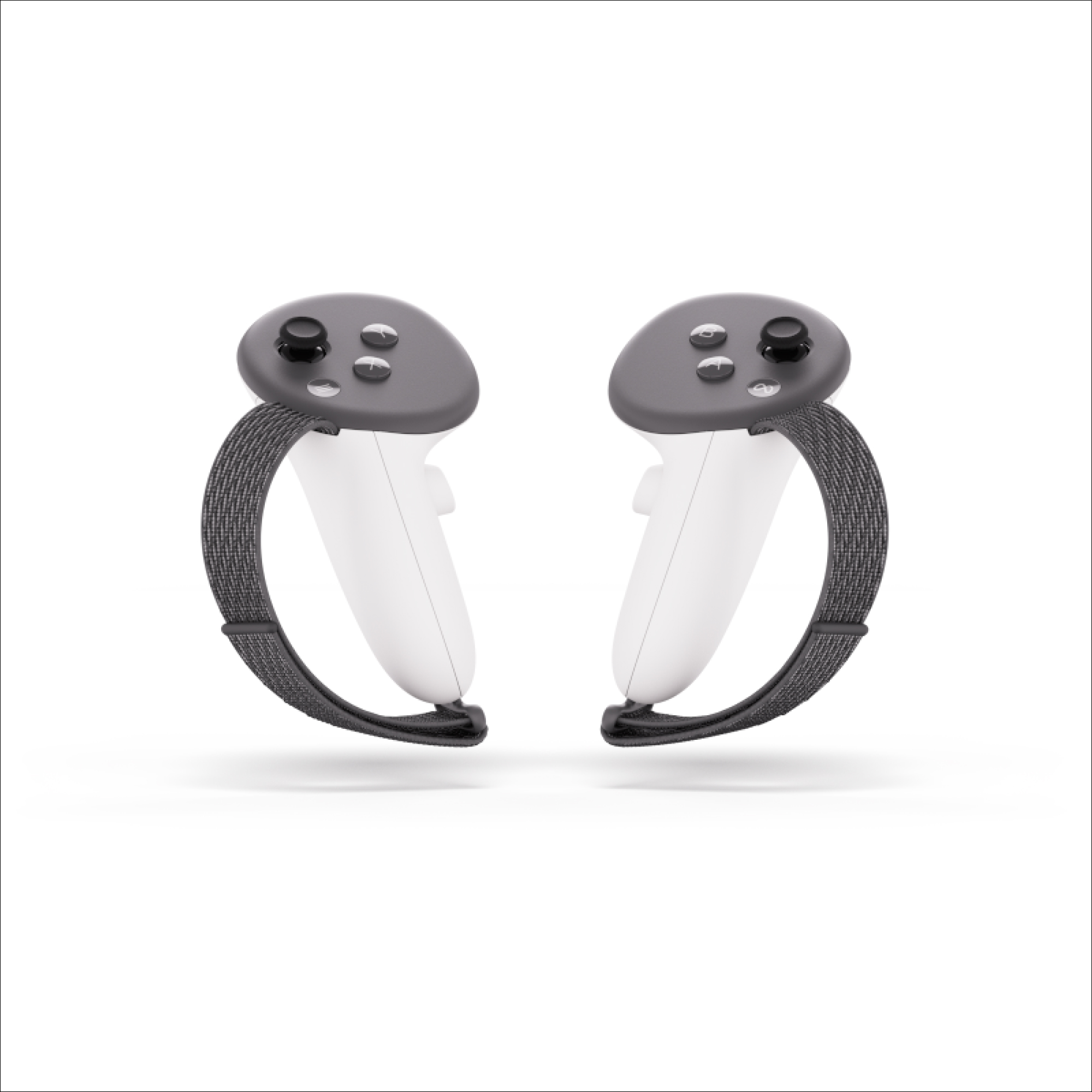 Dos controladores de realidad virtual blancos, cada uno con parte superior gris y correa.