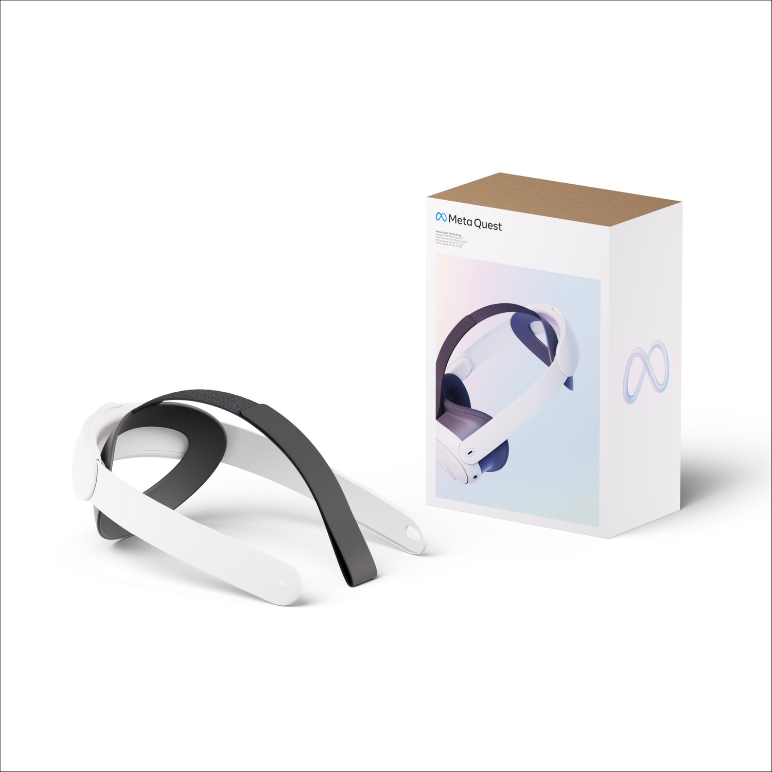 Auriculares VR Meta Quest y caja sobre fondo blanco. Auriculares blancos y negros.