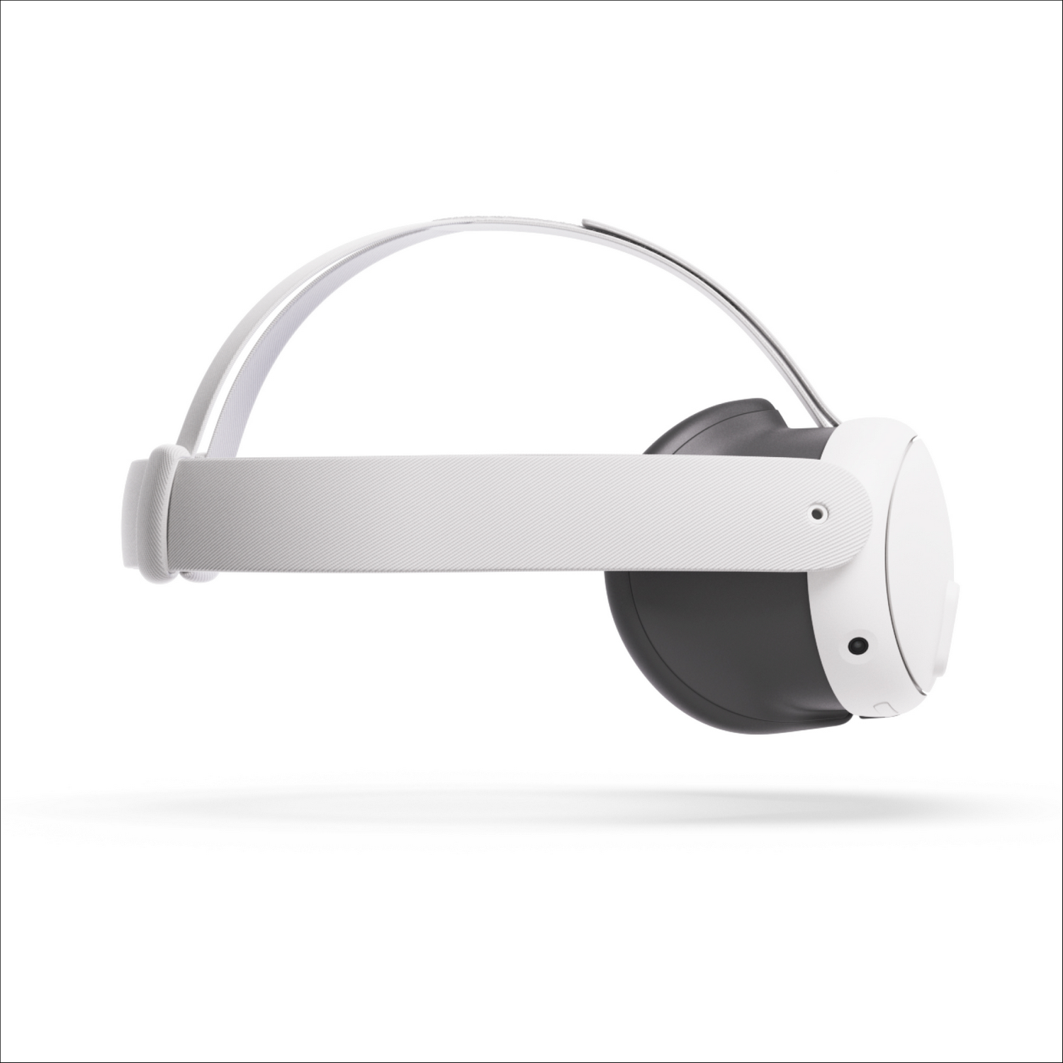 Auriculares VR blancos, vista lateral. Acentos negros en el lateral y la parte superior. Aislados sobre blanco.