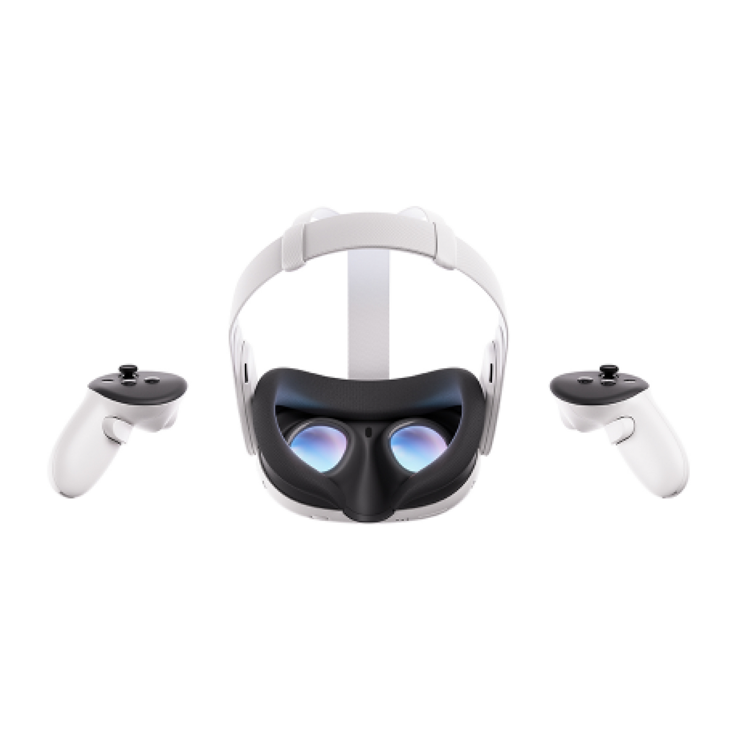 Auriculares de realidad virtual con mandos, blancos. El auricular está mirando hacia adelante.