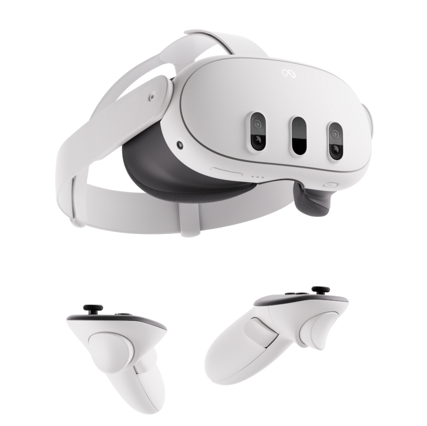 Auriculares de realidad virtual blancos con mandos. Los auriculares tienen tres cámaras frontales y una diadema.