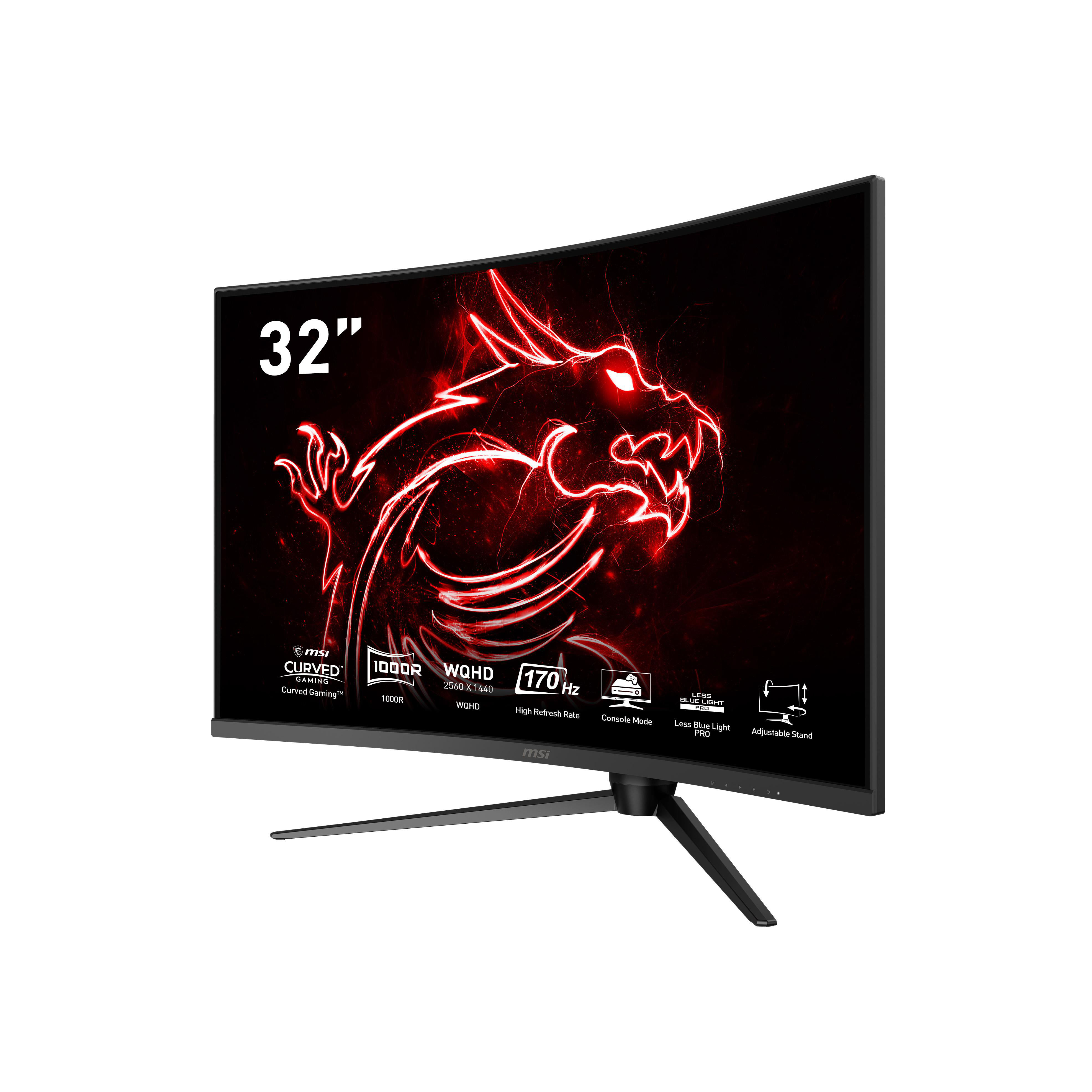 Gebogener MSI-Monitor mit Drachengrafik auf rotem Hintergrund.