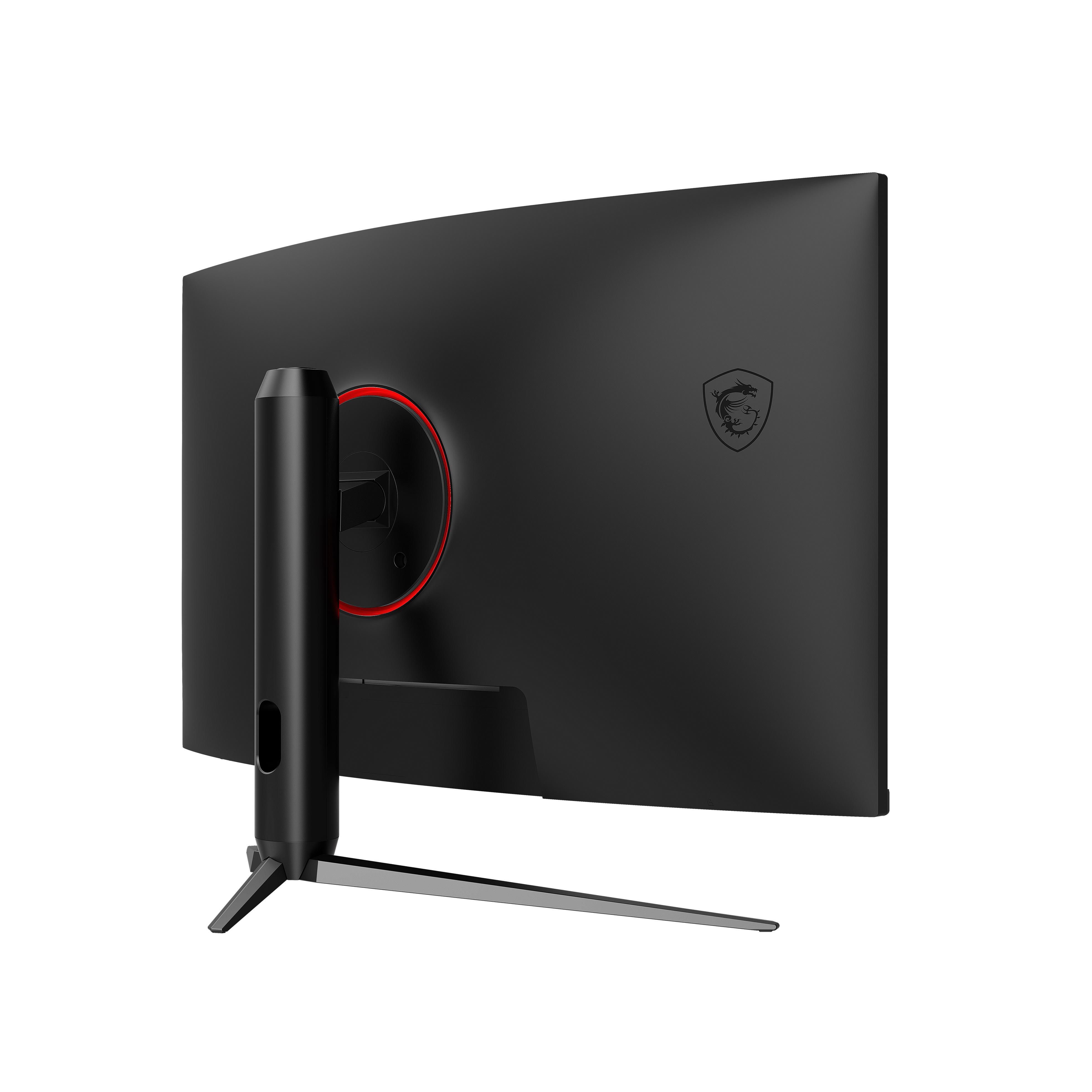 Schwarzer, gebogener Monitor, Rückansicht. Roter Akzentring um den Ständer.