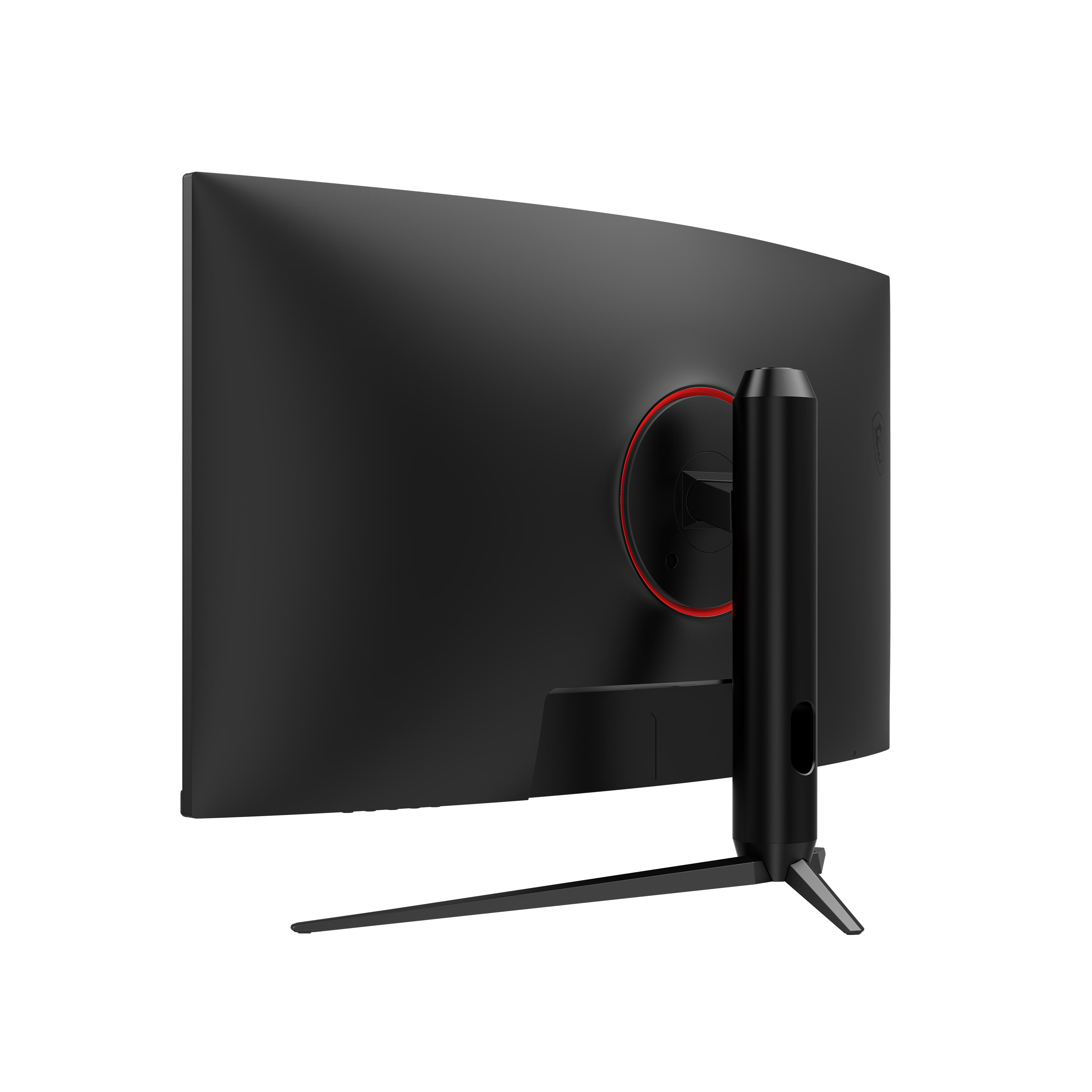 Die Rückseite eines schwarzen Computermonitors mit einem roten Ring um einen Ständeranschluss auf weißem Hintergrund.