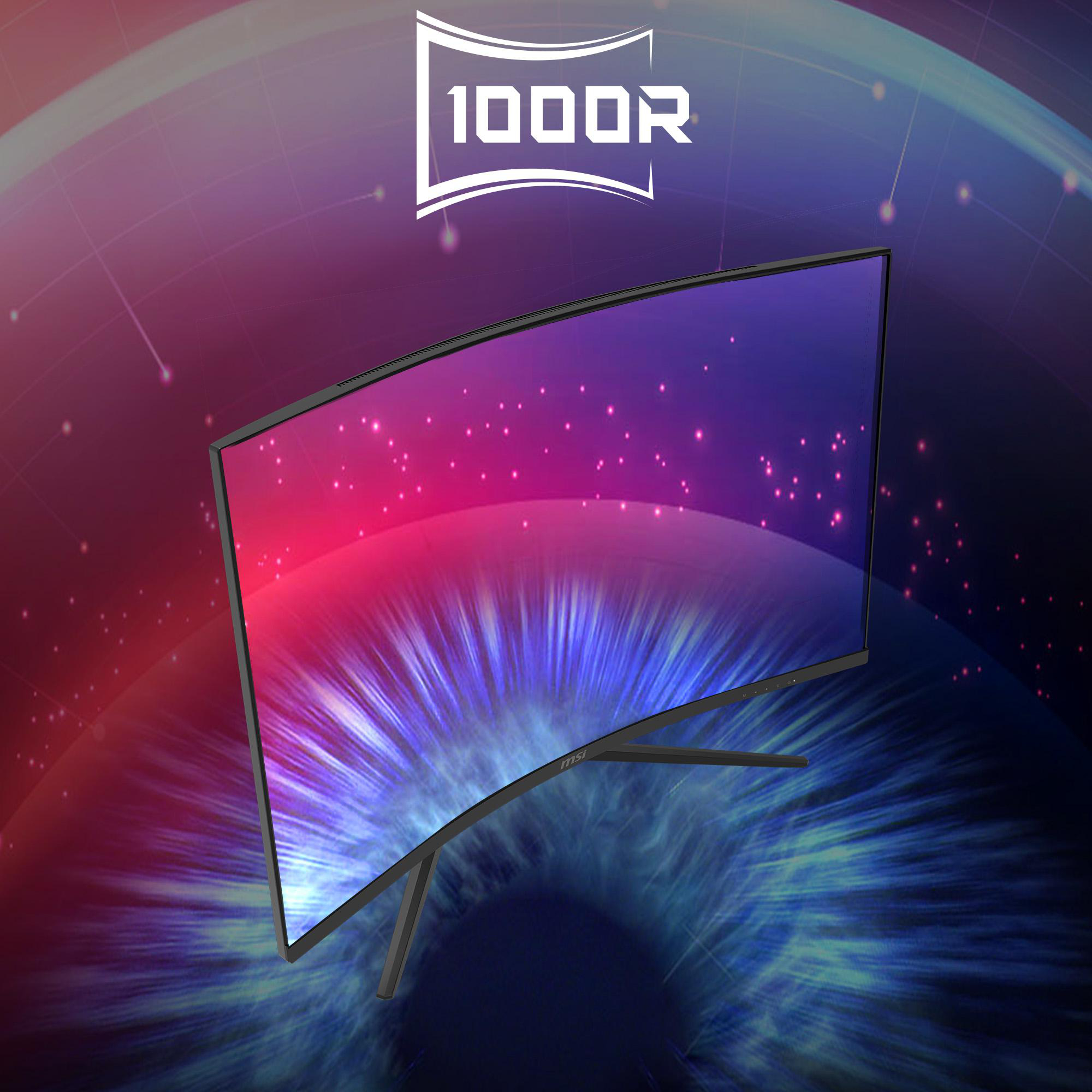 Gebogener Computermonitor. MSI-Marke sichtbar. Blauer und violetter Hintergrund.