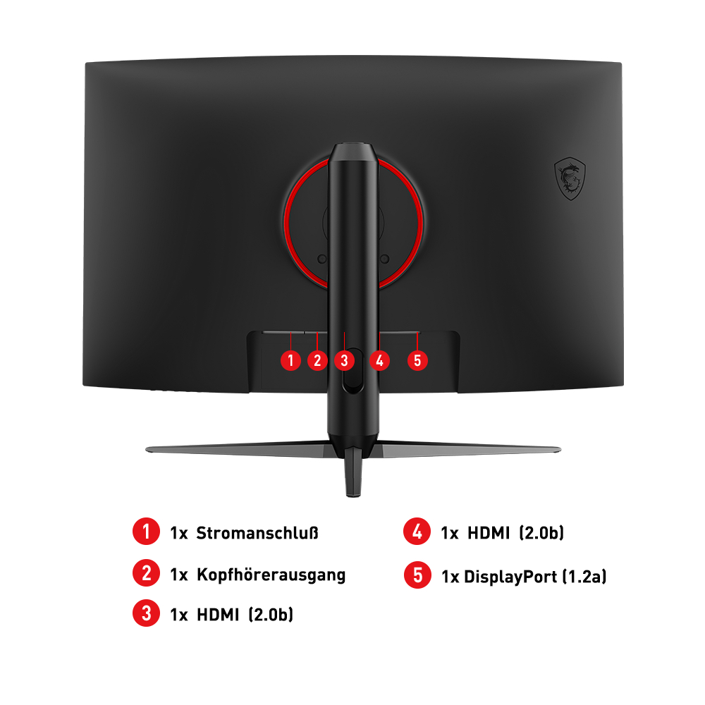 Schwarze MSI-Monitor-Rückansicht mit Anschlüssen und Beschriftungen.