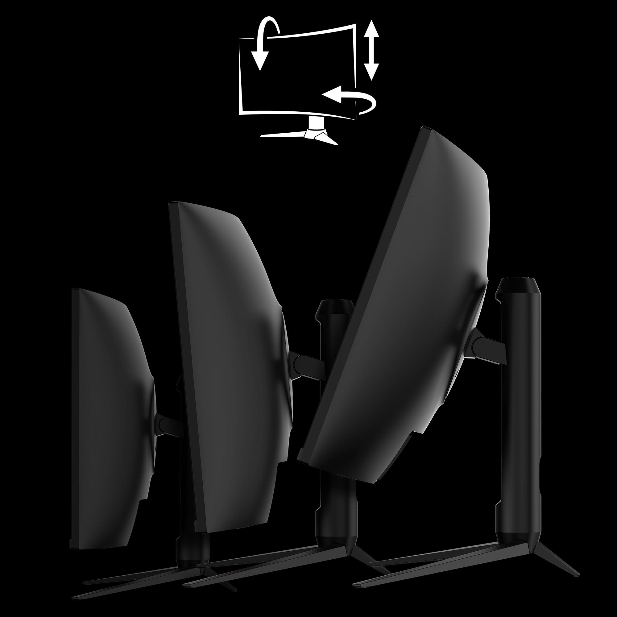 Drei schwarze Computermonitore in verschiedenen Positionen. Die Monitore befinden sich auf einem schwarzen Hintergrund mit weißen Linien.