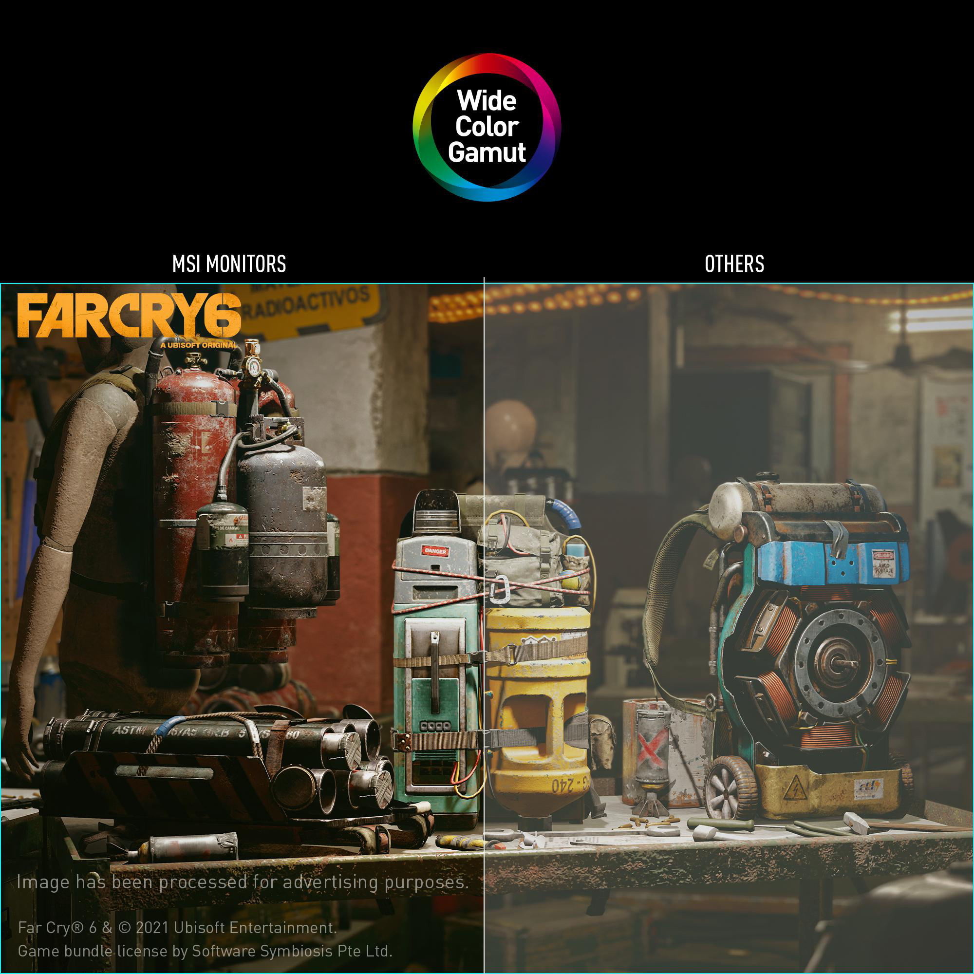 Bildvergleich von MSI-Monitoren mit anderen, zeigt Far Cry 6 Gameplay links.
