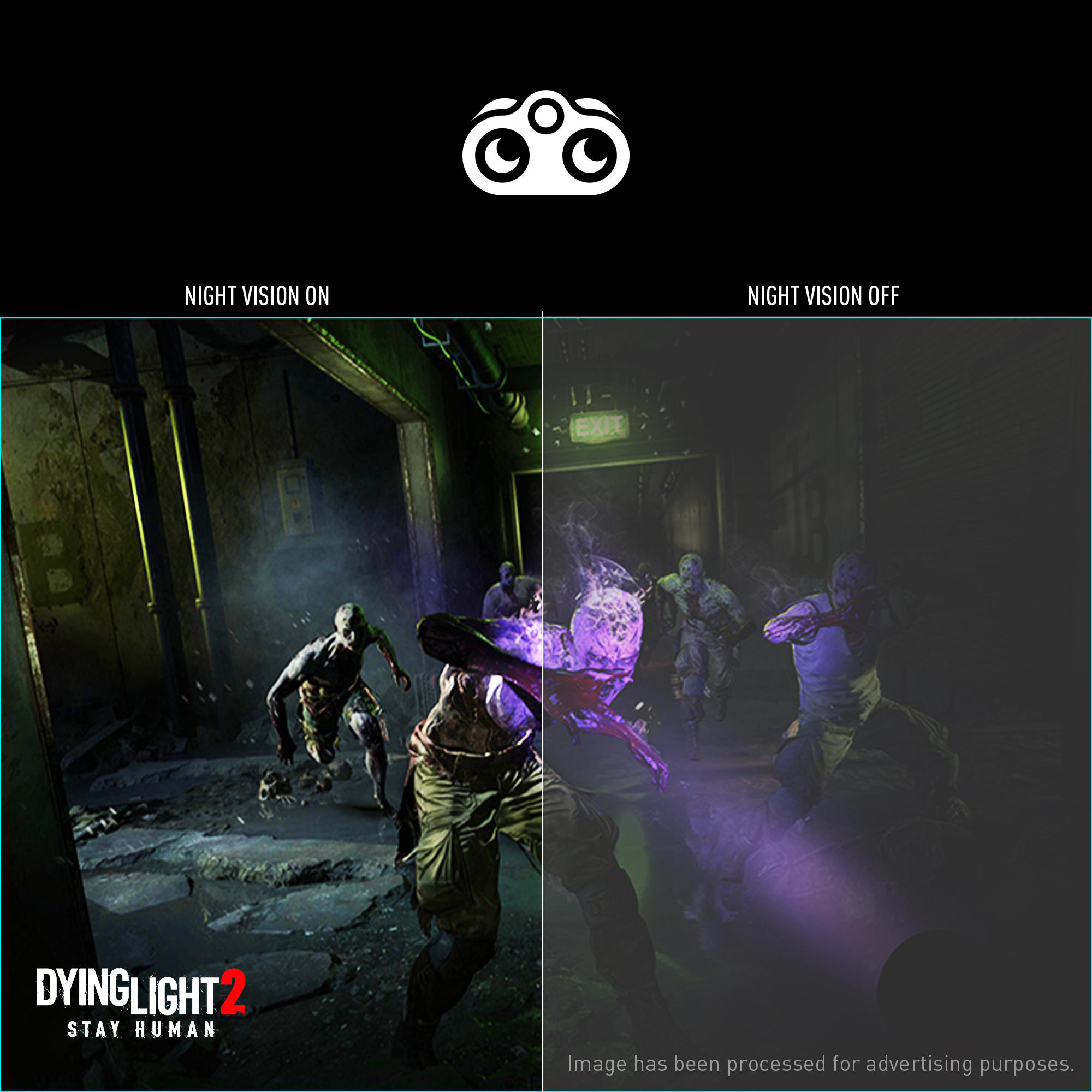 Ein Videospielbildschirm zeigt ein Zombispiel in zwei Modi: Nachtsicht ein und aus.