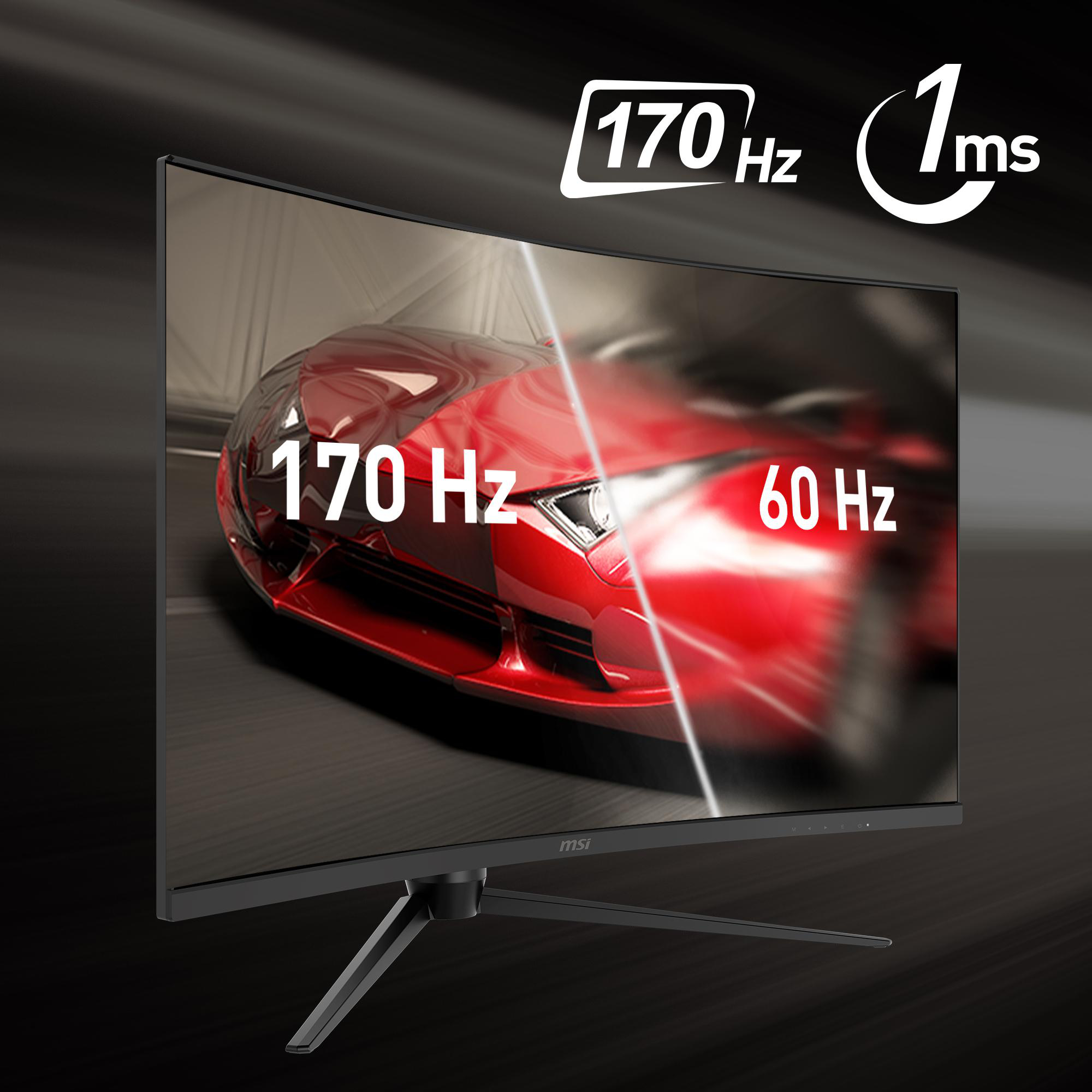 Gebogener Gaming-Monitor. Zeigt eine Rennszene mit einem roten Auto. Texte: 170 Hz, 1ms und 60 Hz.