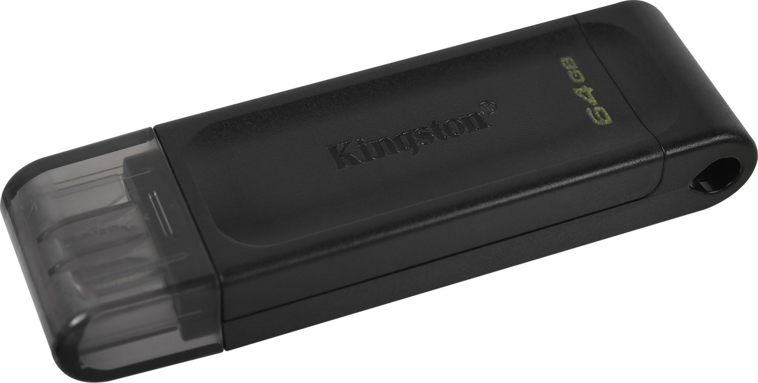 Ein schwarzer Kingston 64GB USB-Stick mit klarer Schutzkappe.