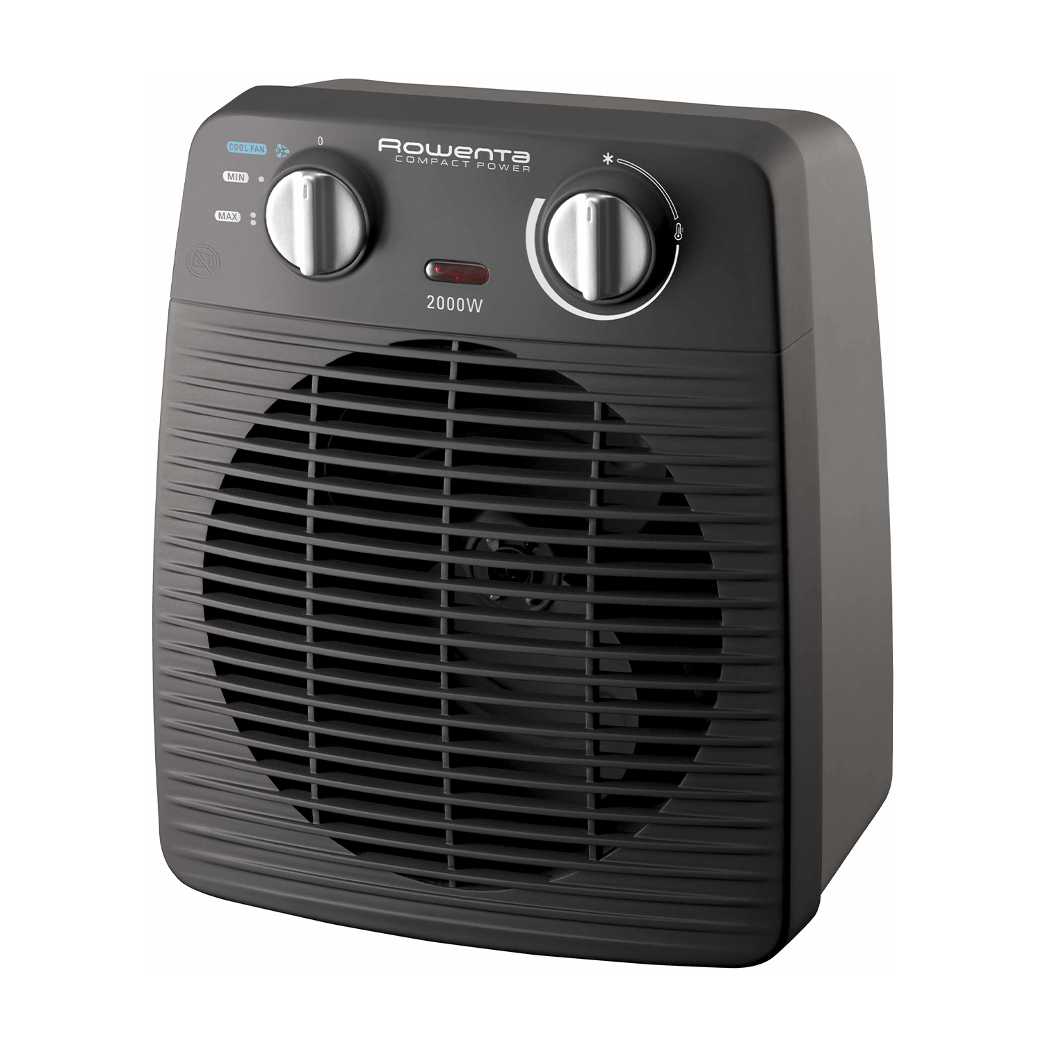 Termoventilatore compatto Rowenta nero con comandi. Ventola visibile. Isolato su sfondo bianco.