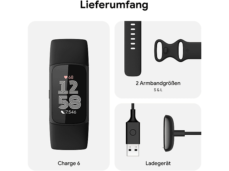 FITBIT Charge 6, Fitness Tracker, S, L, Obsidian