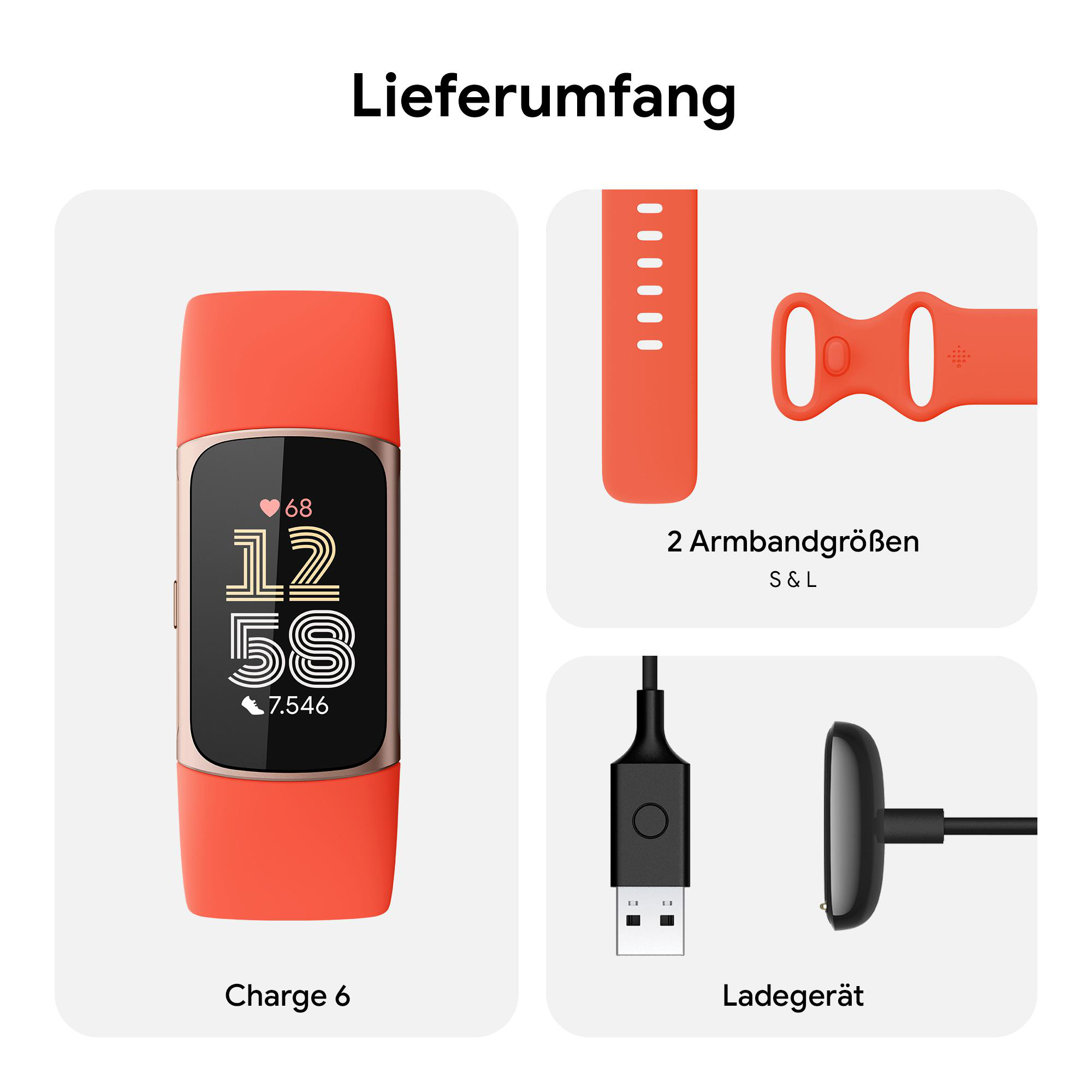 Orangener Fitnesstracker, Armbänder und Ladegerät auf weißer Oberfläche mit Text.