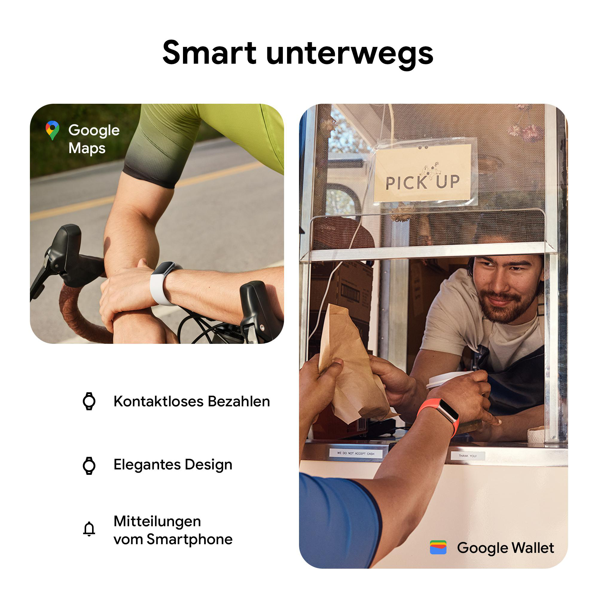 Zwei Bilder: Eines mit einem Mann beim Radfahren und das andere mit einem Mann an einem Takeout-Fenster, beide nutzen Google Wallet.