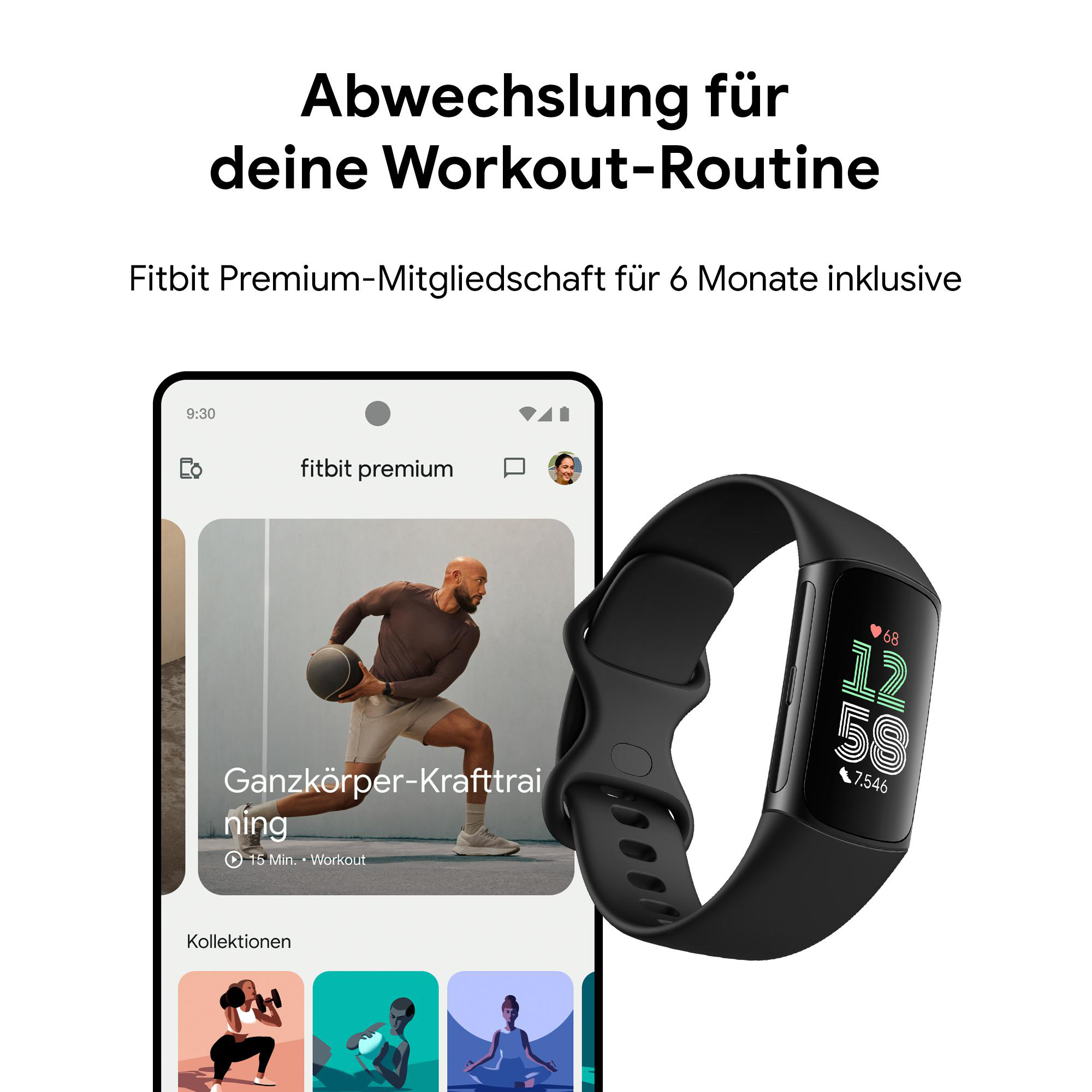 Ein Fitnesstracker neben einer mobilen App mit einem Trainingsvideo.