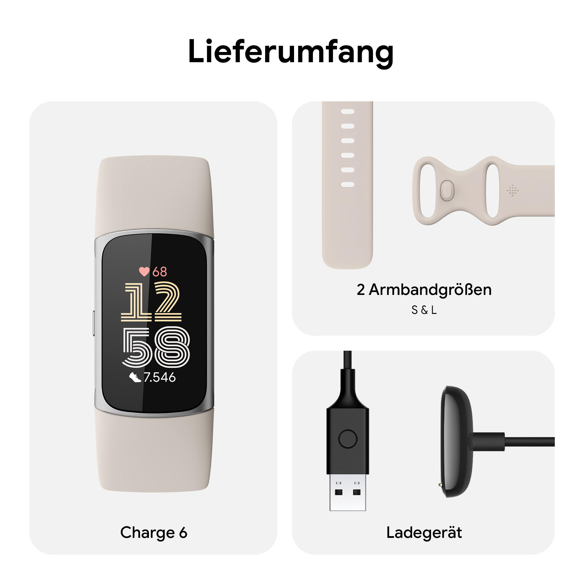 Eine Smartwatch, zwei Armbänder und ein Ladegerät werden gezeigt.